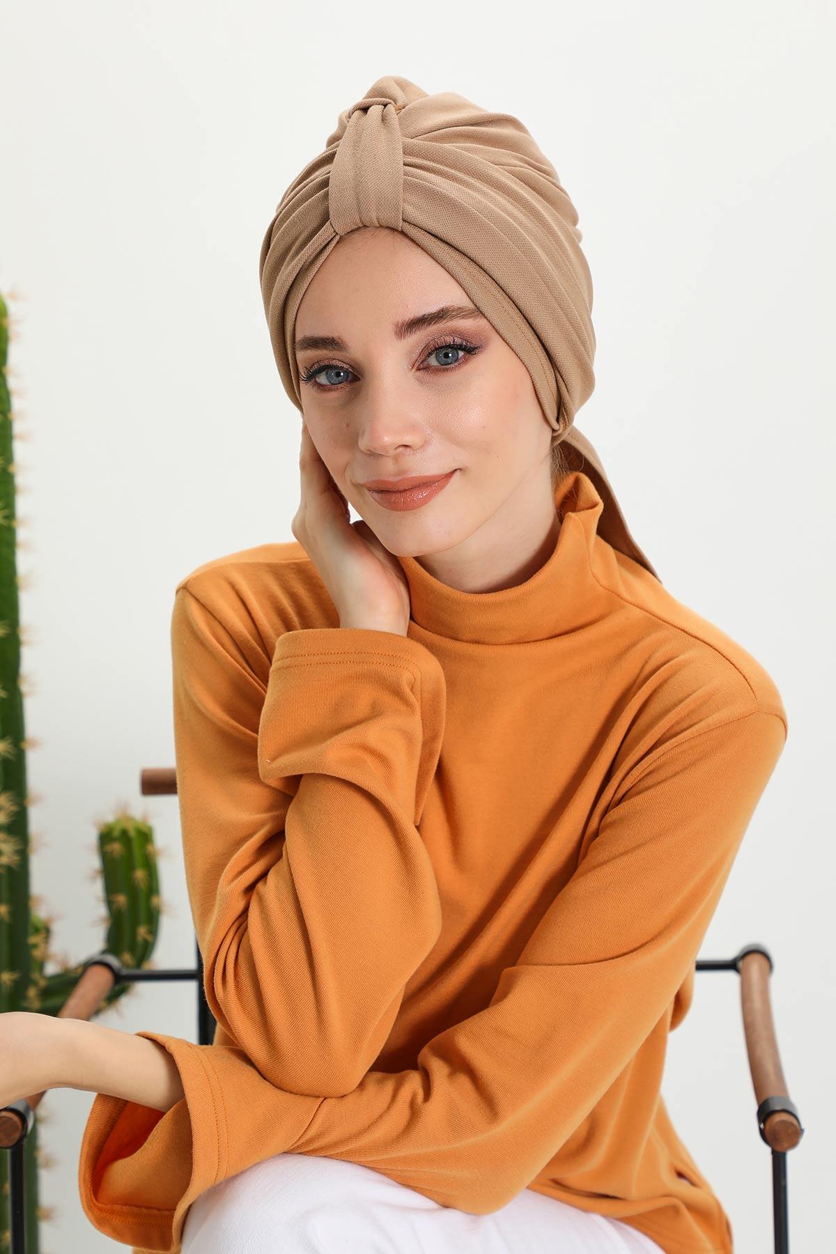 Minimalist Winter Scarf Turban for Women, Polyviscose Stretch Headwrap, One-Size Elegant Turban with Scarf,B-80IV Sand Brown