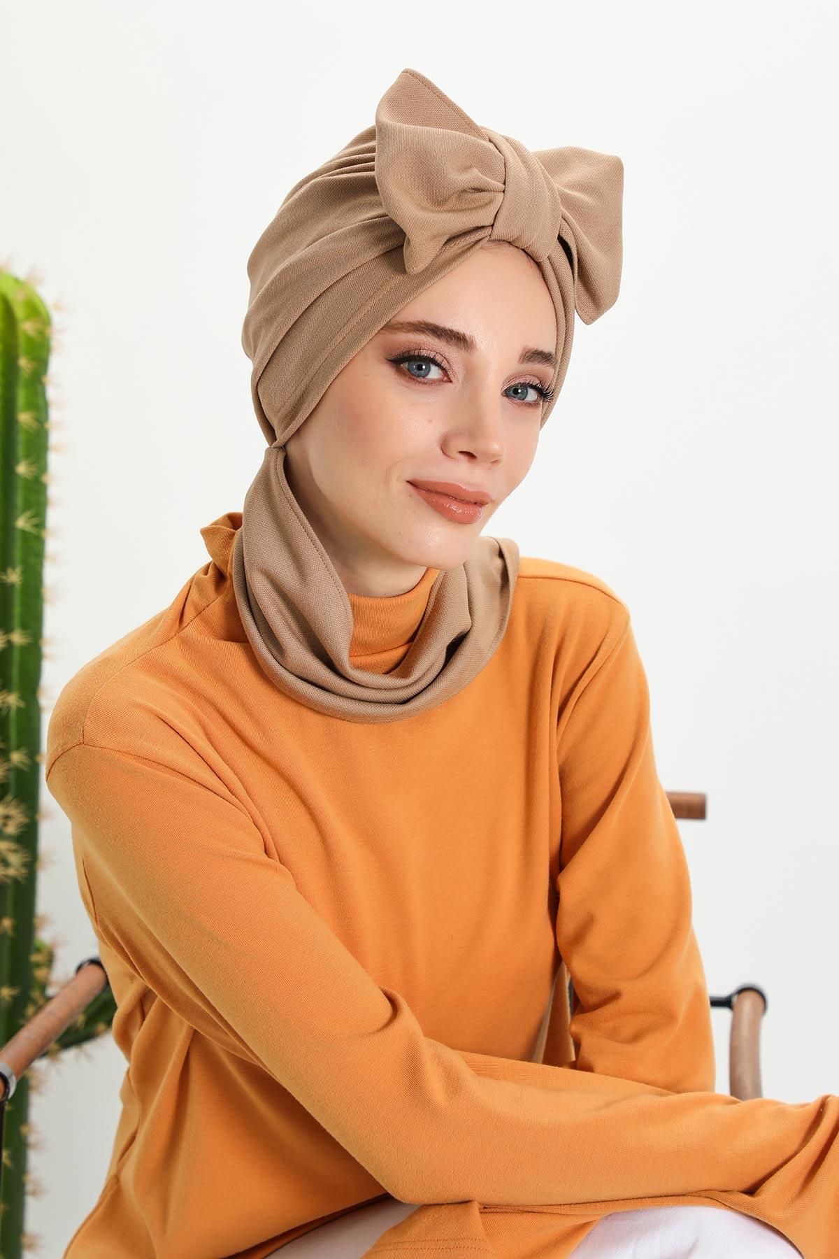 Minimalist Winter Scarf Turban for Women, Polyviscose Stretch Headwrap, One-Size Elegant Turban with Scarf,B-80IV Sand Brown