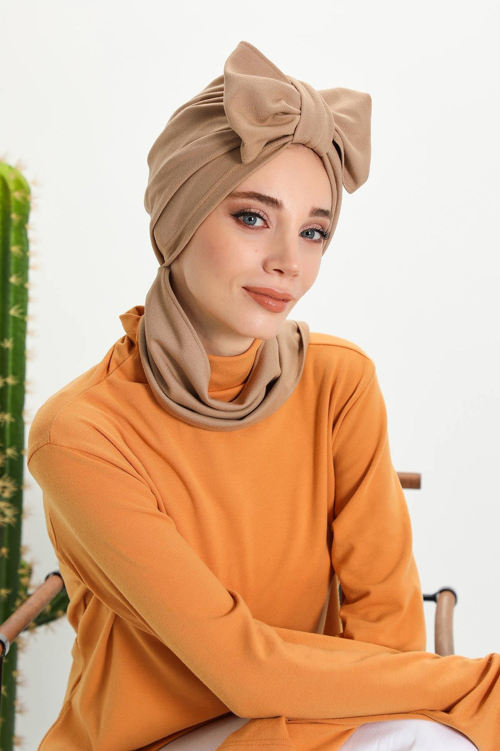 Minimalist Winter Scarf Turban for Women, Polyviscose Stretch Headwrap, One-Size Elegant Turban with Scarf,B-80IV Sand Brown