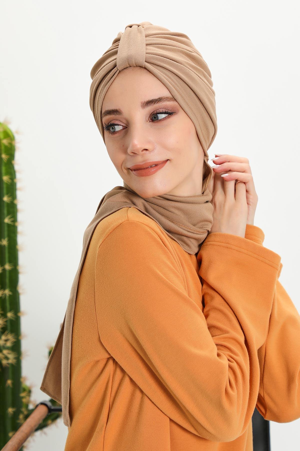 Minimalist Winter Scarf Turban for Women, Polyviscose Stretch Headwrap, One-Size Elegant Turban with Scarf,B-80IV Sand Brown