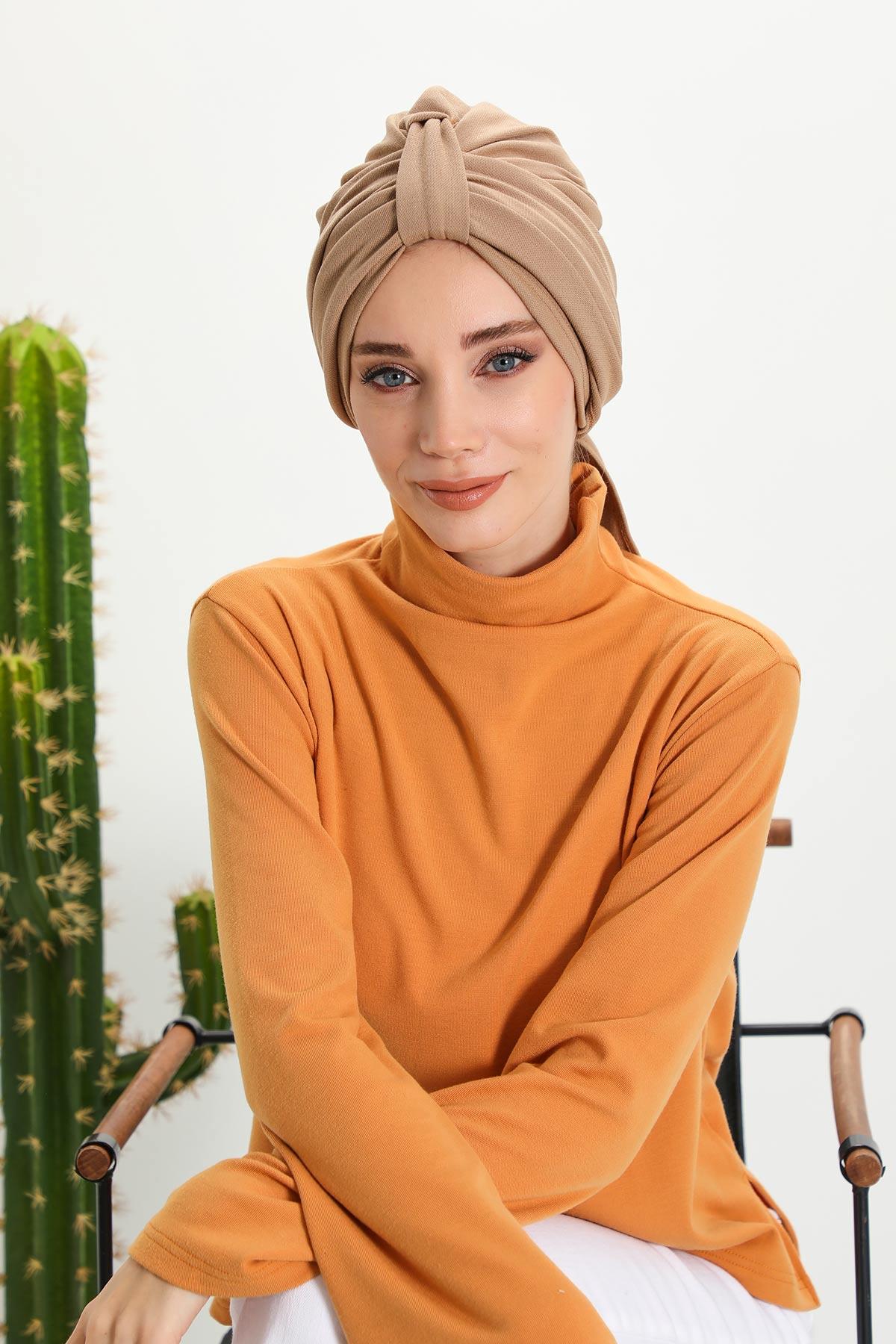 Minimalist Winter Scarf Turban for Women, Polyviscose Stretch Headwrap, One-Size Elegant Turban with Scarf,B-80IV Sand Brown
