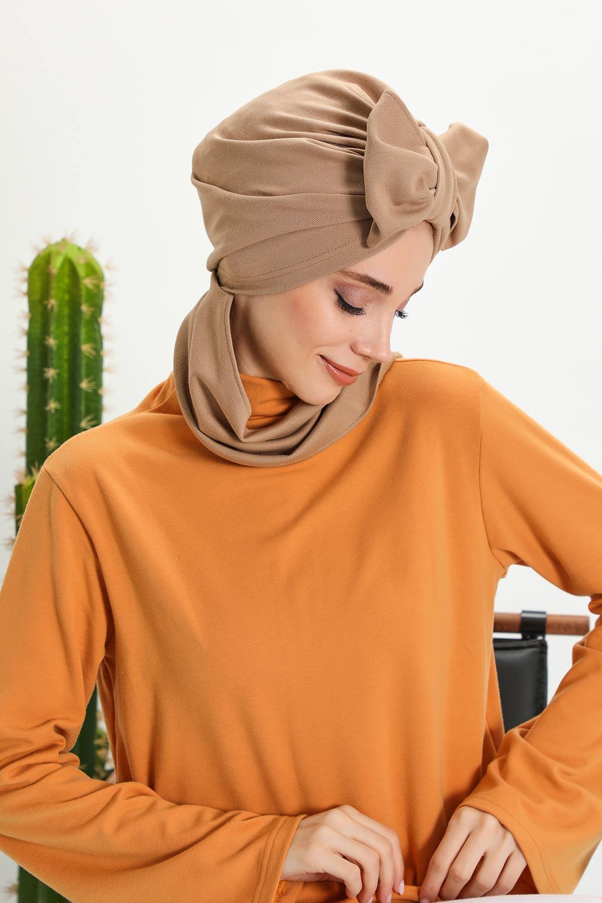 Minimalist Winter Scarf Turban for Women, Polyviscose Stretch Headwrap, One-Size Elegant Turban with Scarf,B-80IV Sand Brown