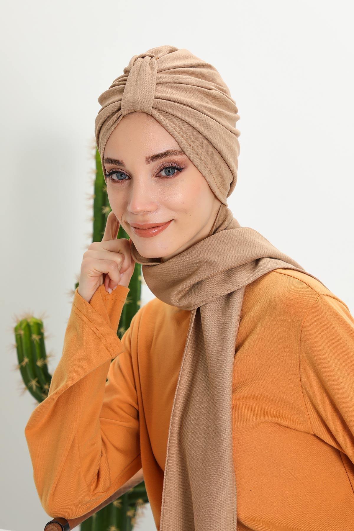 Minimalist Winter Scarf Turban for Women, Polyviscose Stretch Headwrap, One-Size Elegant Turban with Scarf,B-80IV Sand Brown
