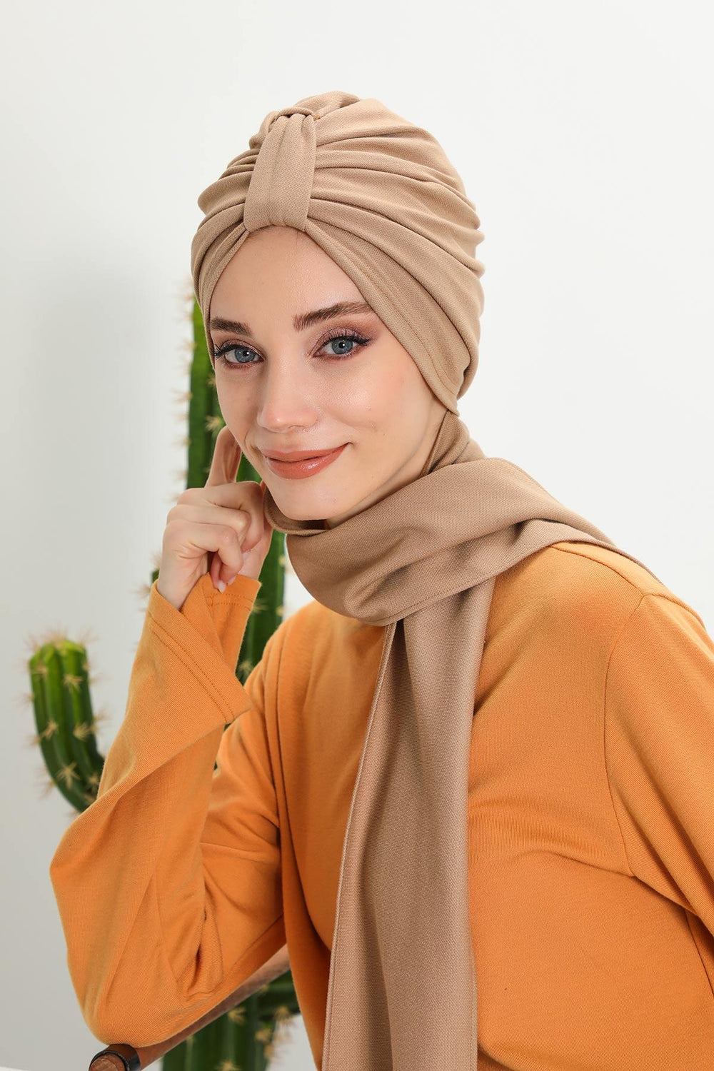 Minimalist Winter Scarf Turban for Women, Polyviscose Stretch Headwrap, One-Size Elegant Turban with Scarf,B-80IV Sand Brown
