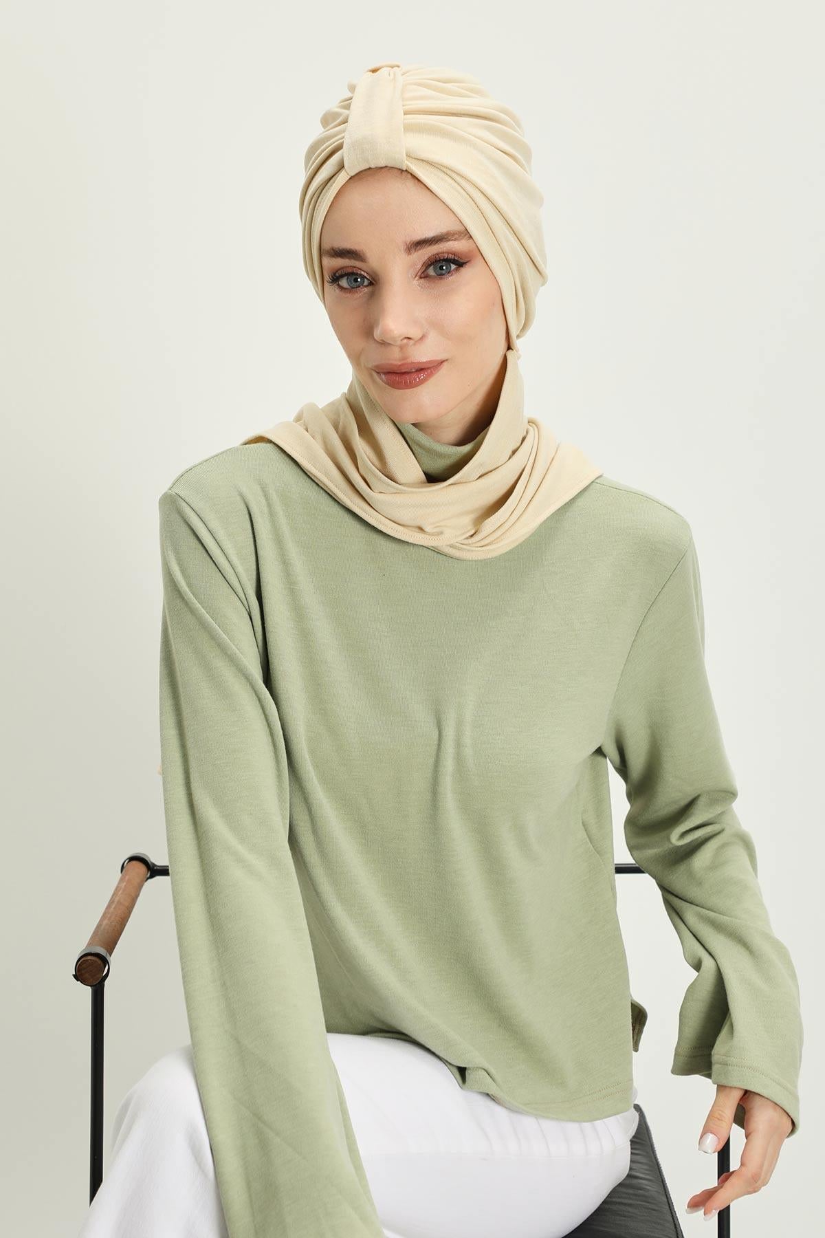 Winter Scarf Turban for Women, Stretch Ribbed Fabric Turban with Scarf, Elegant One-Size Winter Headwear,B-80RB Ivory