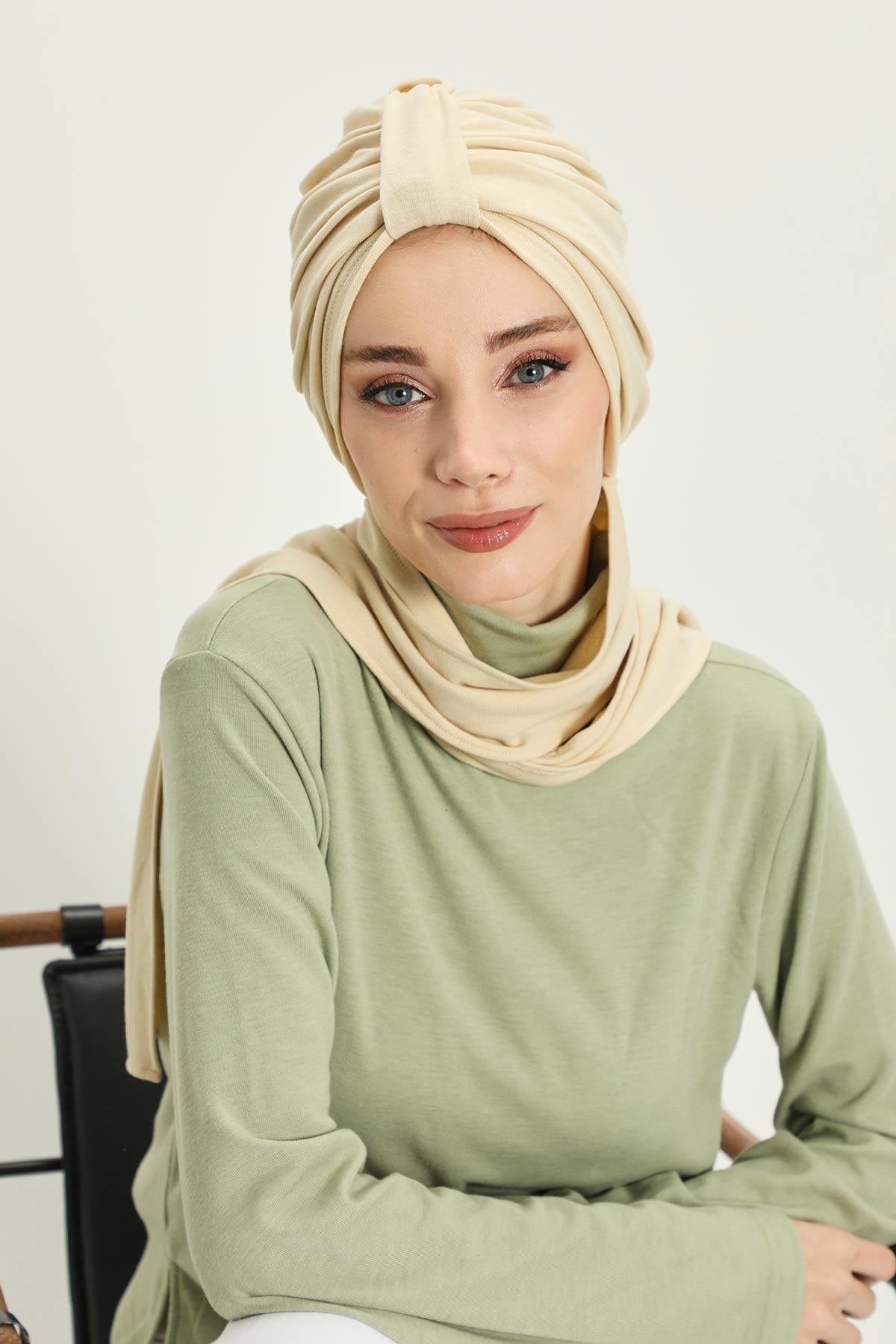 Winter Scarf Turban for Women, Stretch Ribbed Fabric Turban with Scarf, Elegant One-Size Winter Headwear,B-80RB Ivory