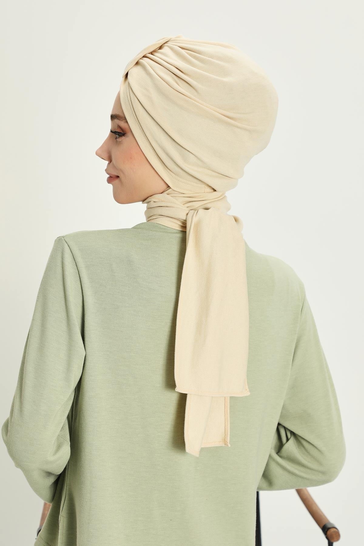 Winter Scarf Turban for Women, Stretch Ribbed Fabric Turban with Scarf, Elegant One-Size Winter Headwear,B-80RB Ivory