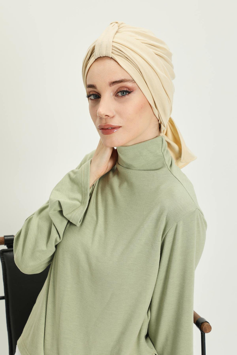 Winter Scarf Turban for Women, Stretch Ribbed Fabric Turban with Scarf, Elegant One-Size Winter Headwear,B-80RB Ivory