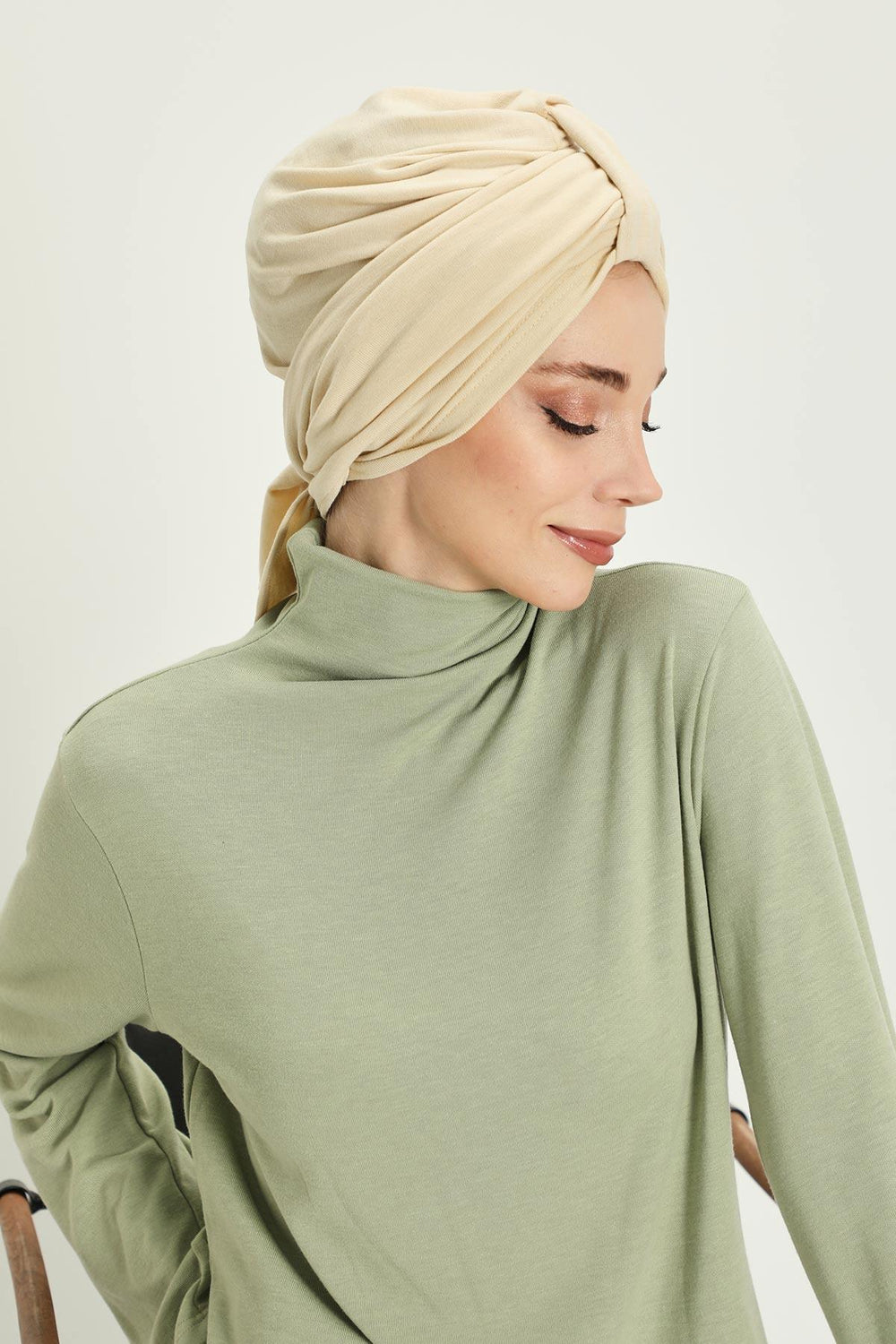 Winter Scarf Turban for Women, Stretch Ribbed Fabric Turban with Scarf, Elegant One-Size Winter Headwear,B-80RB Ivory