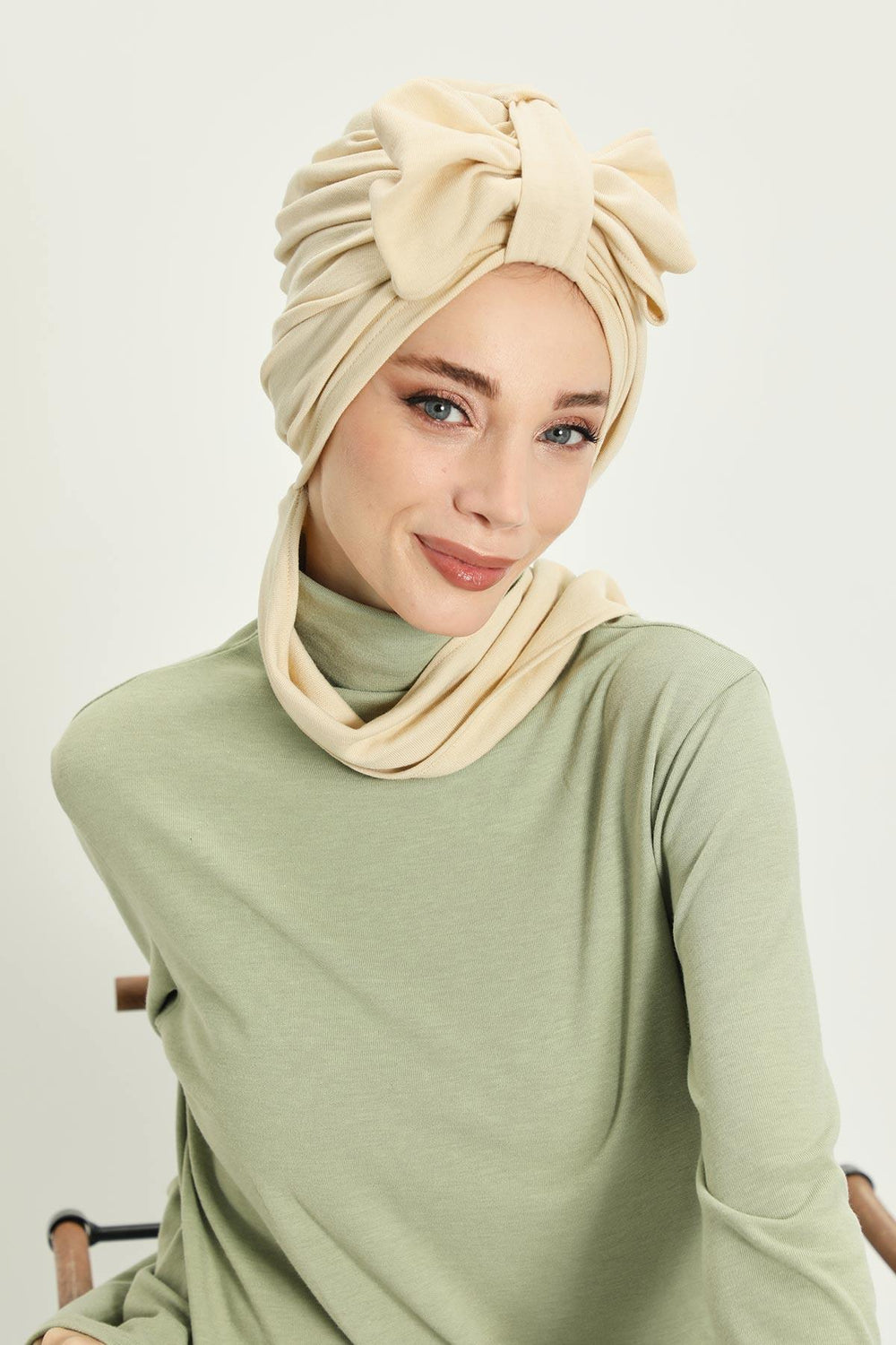 Winter Scarf Turban for Women, Stretch Ribbed Fabric Turban with Scarf, Elegant One-Size Winter Headwear,B-80RB Ivory