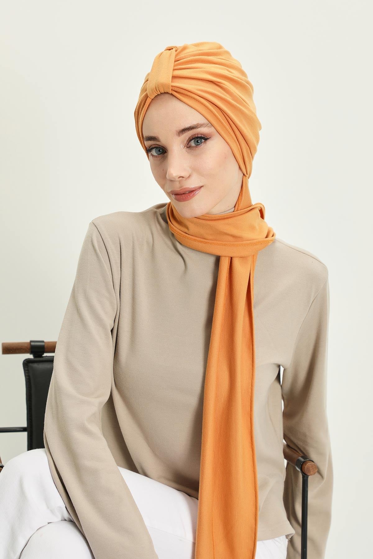 Winter Scarf Turban for Women, Stretch Ribbed Fabric Turban with Scarf, Elegant One-Size Winter Headwear,B-80RB Orange