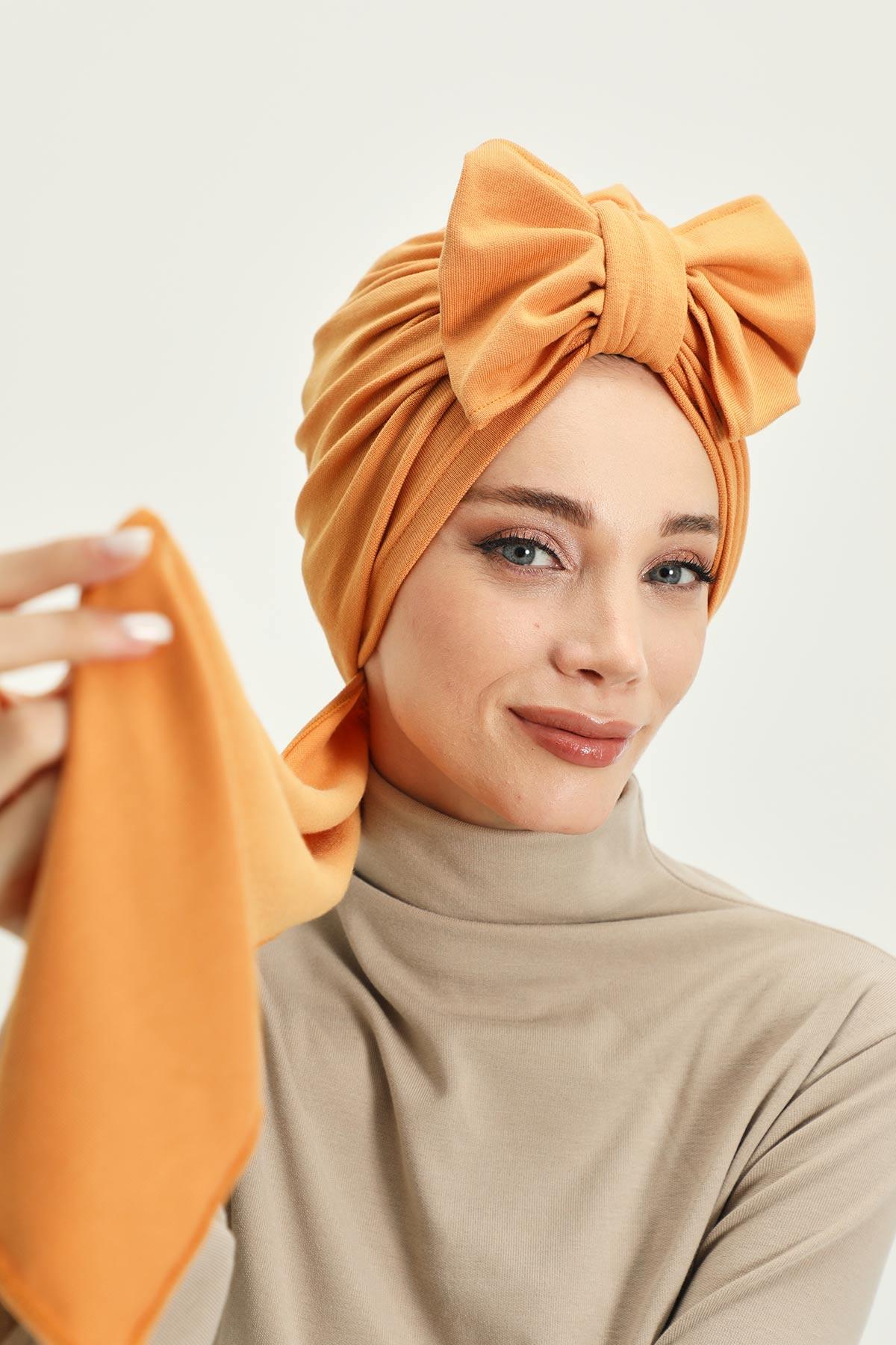 Winter Scarf Turban for Women, Stretch Ribbed Fabric Turban with Scarf, Elegant One-Size Winter Headwear,B-80RB Orange