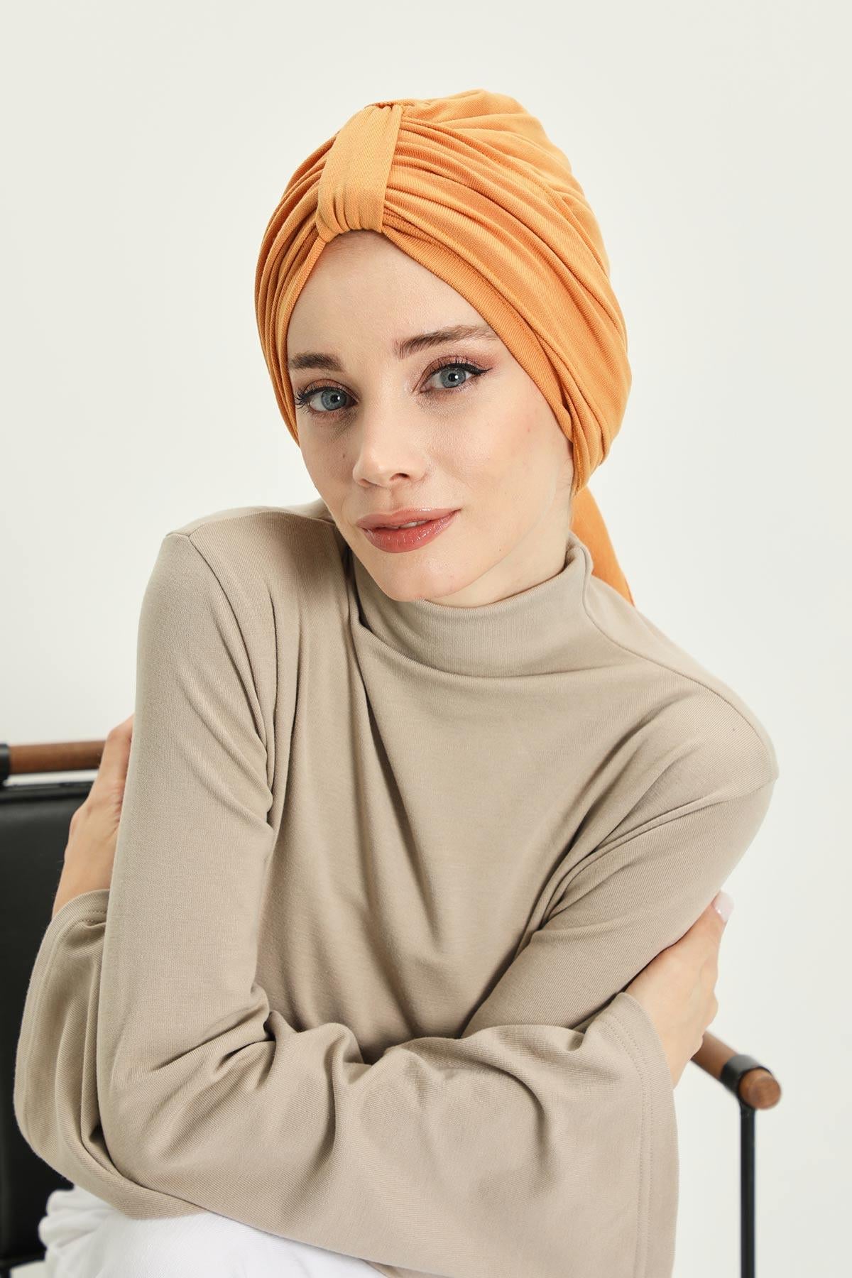 Winter Scarf Turban for Women, Stretch Ribbed Fabric Turban with Scarf, Elegant One-Size Winter Headwear,B-80RB Orange