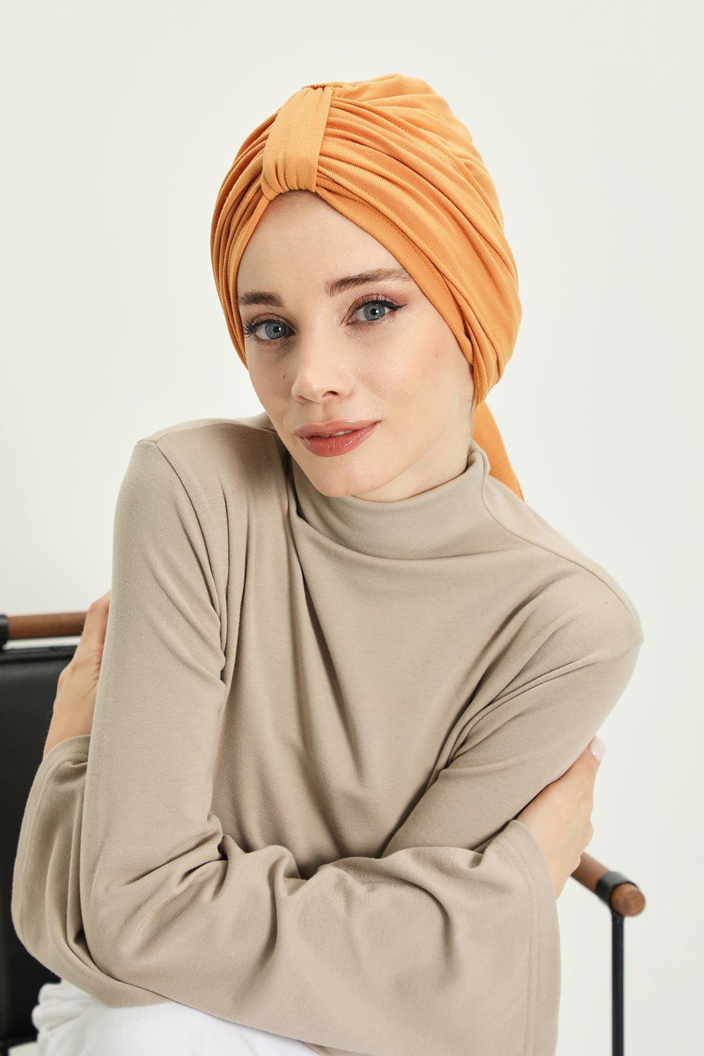 Winter Scarf Turban for Women, Stretch Ribbed Fabric Turban with Scarf, Elegant One-Size Winter Headwear,B-80RB Orange