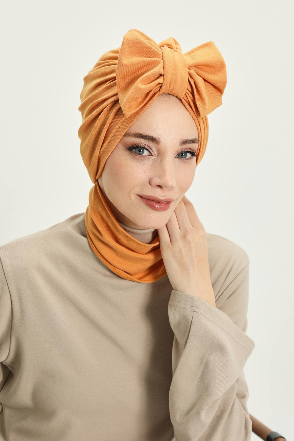 Winter Scarf Turban for Women, Stretch Ribbed Fabric Turban with Scarf, Elegant One-Size Winter Headwear,B-80RB Orange