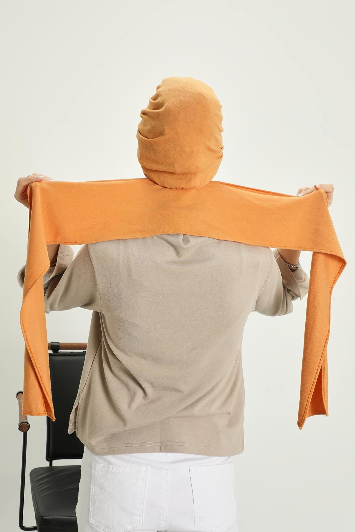 Winter Scarf Turban for Women, Stretch Ribbed Fabric Turban with Scarf, Elegant One-Size Winter Headwear,B-80RB Orange