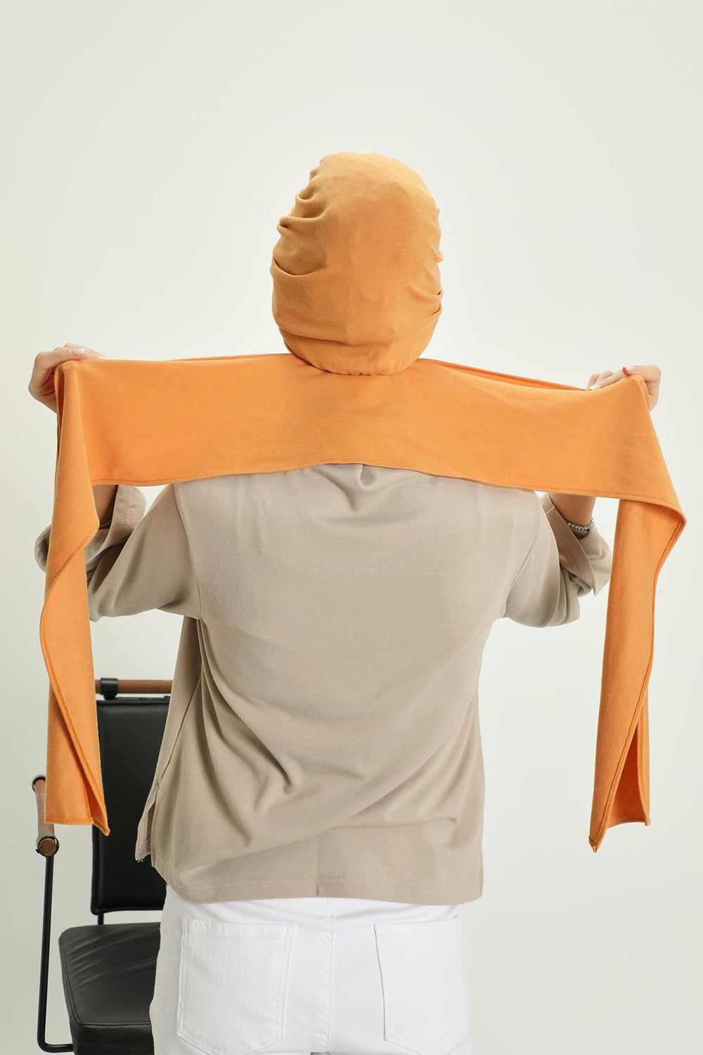 Winter Scarf Turban for Women, Stretch Ribbed Fabric Turban with Scarf, Elegant One-Size Winter Headwear,B-80RB Orange