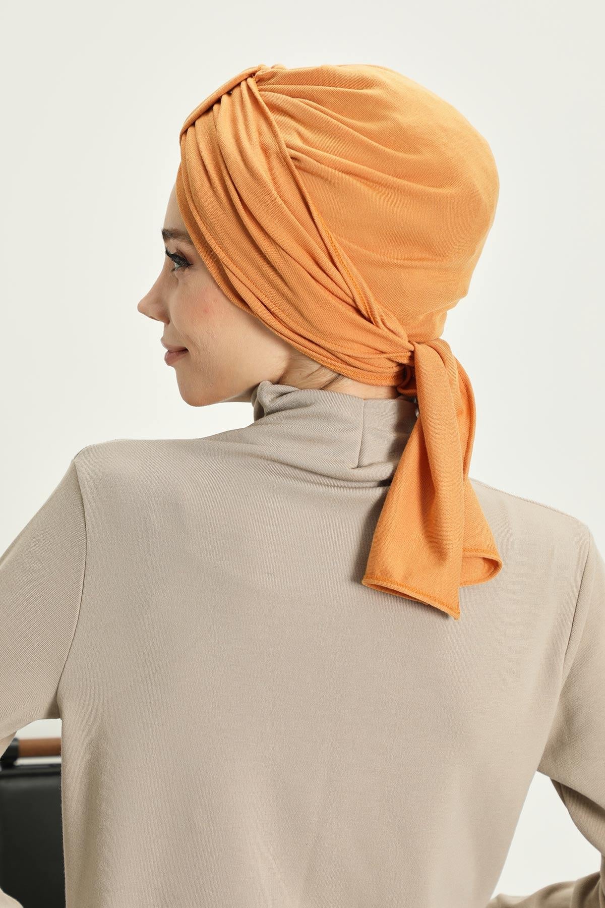 Winter Scarf Turban for Women, Stretch Ribbed Fabric Turban with Scarf, Elegant One-Size Winter Headwear,B-80RB Orange