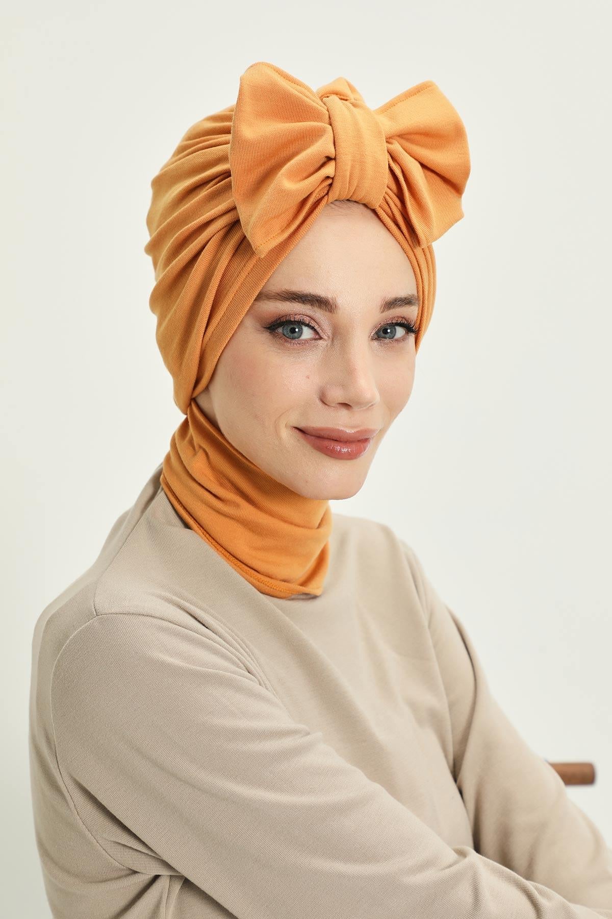 Winter Scarf Turban for Women, Stretch Ribbed Fabric Turban with Scarf, Elegant One-Size Winter Headwear,B-80RB Orange