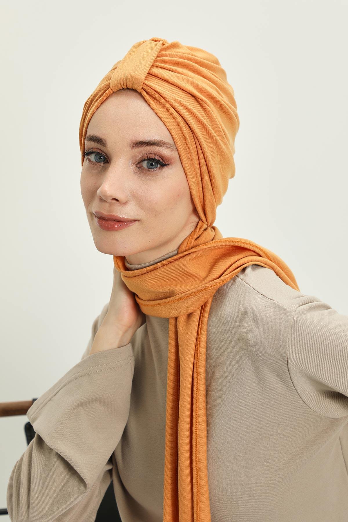 Winter Scarf Turban for Women, Stretch Ribbed Fabric Turban with Scarf, Elegant One-Size Winter Headwear,B-80RB Orange
