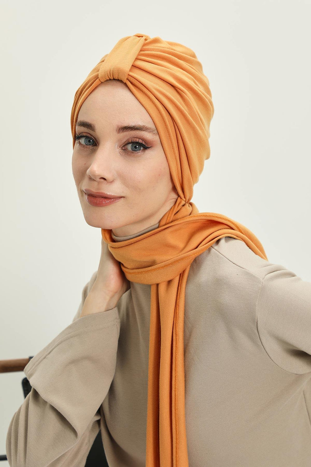 Winter Scarf Turban for Women, Stretch Ribbed Fabric Turban with Scarf, Elegant One-Size Winter Headwear,B-80RB Orange