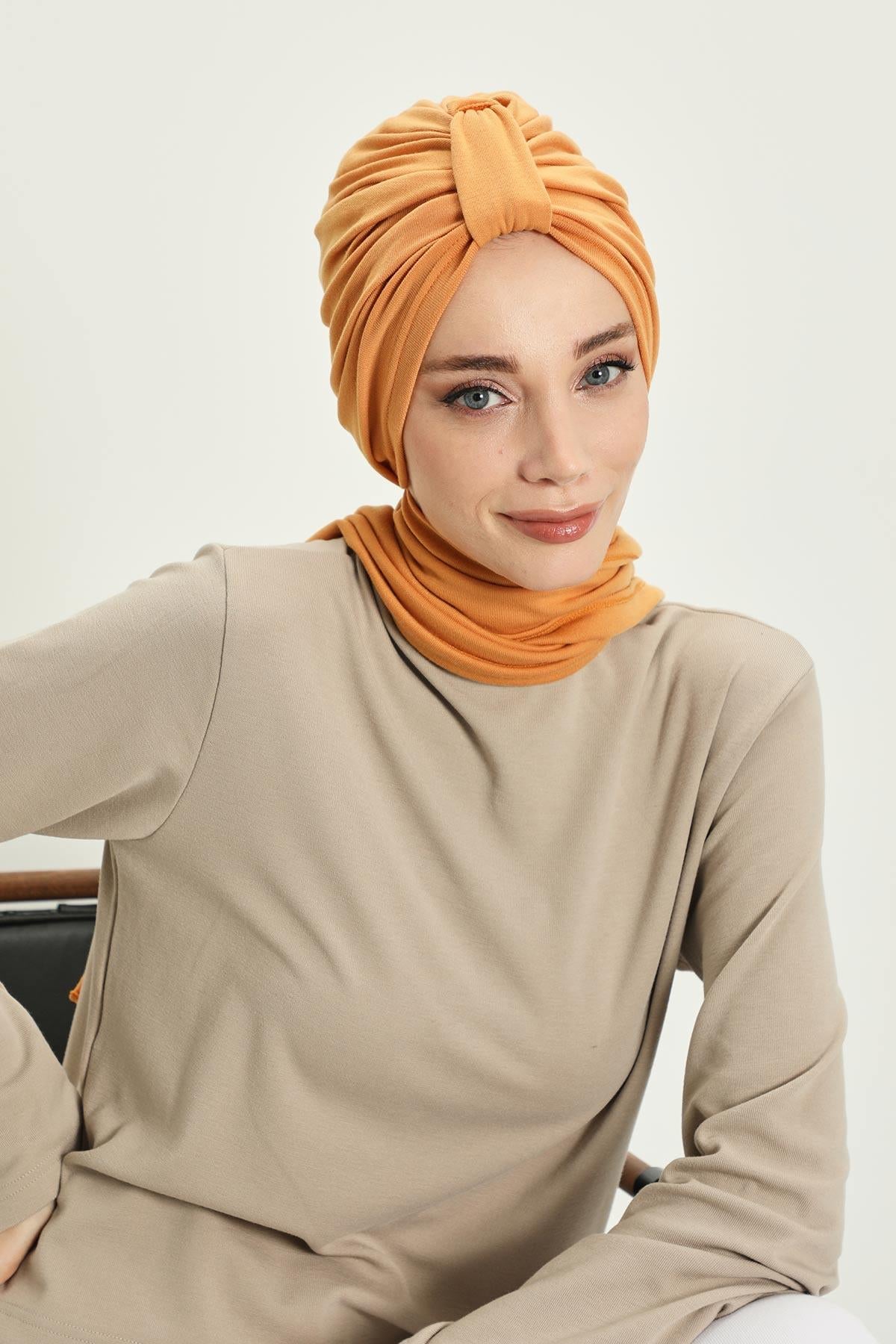 Winter Scarf Turban for Women, Stretch Ribbed Fabric Turban with Scarf, Elegant One-Size Winter Headwear,B-80RB Orange