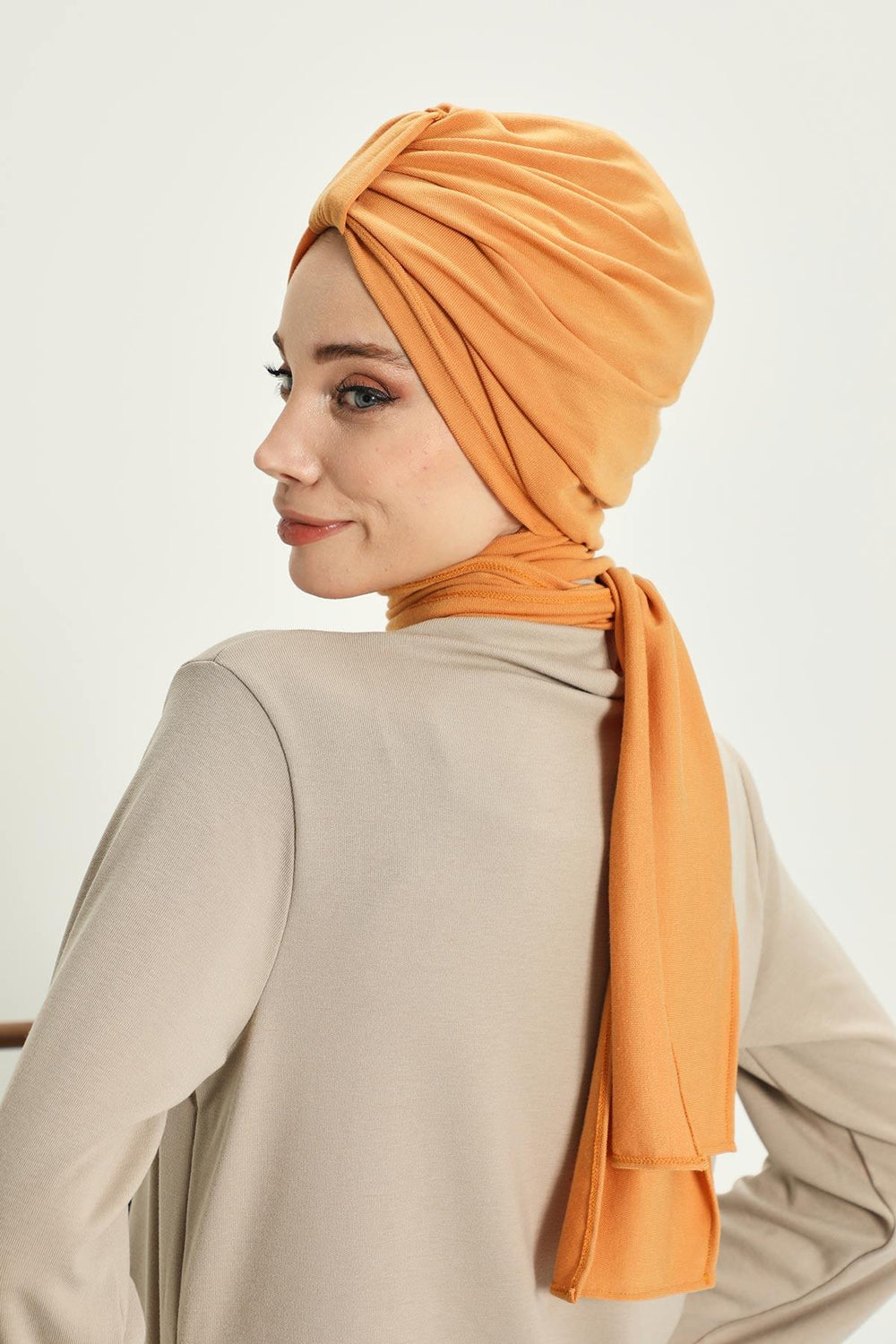 Winter Scarf Turban for Women, Stretch Ribbed Fabric Turban with Scarf, Elegant One-Size Winter Headwear,B-80RB Orange