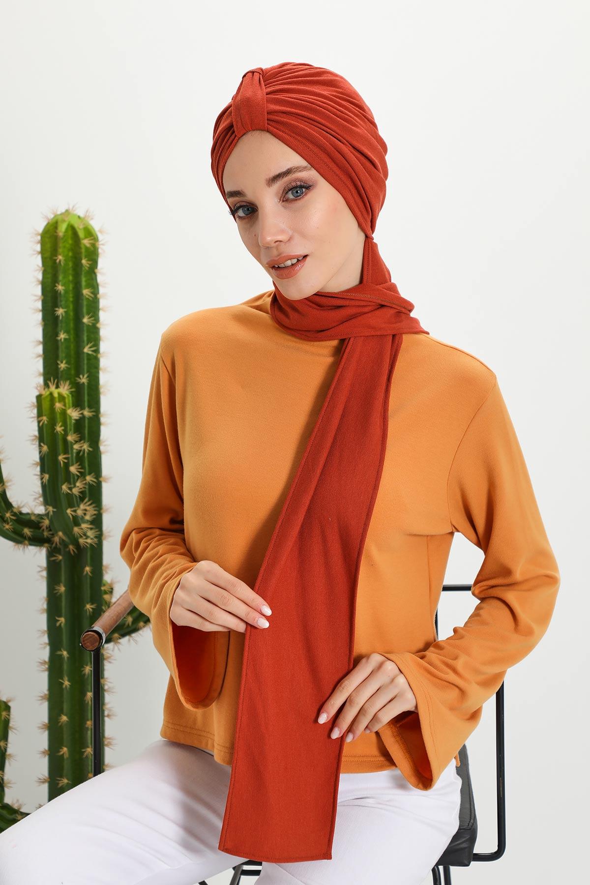 Winter Scarf Turban for Women, Stretch Ribbed Fabric Turban with Scarf, Elegant One-Size Winter Headwear,B-80RB Tile Red