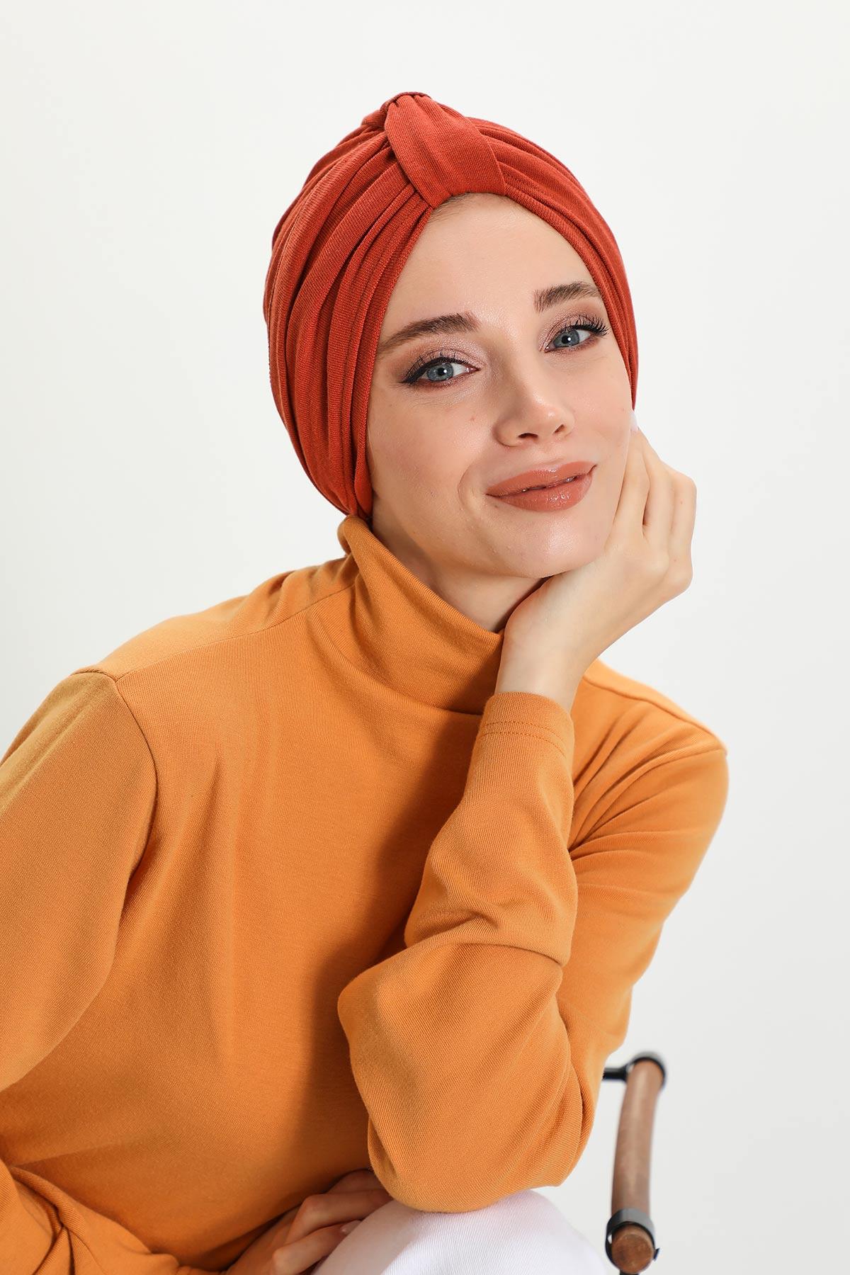 Winter Scarf Turban for Women, Stretch Ribbed Fabric Turban with Scarf, Elegant One-Size Winter Headwear,B-80RB Tile Red