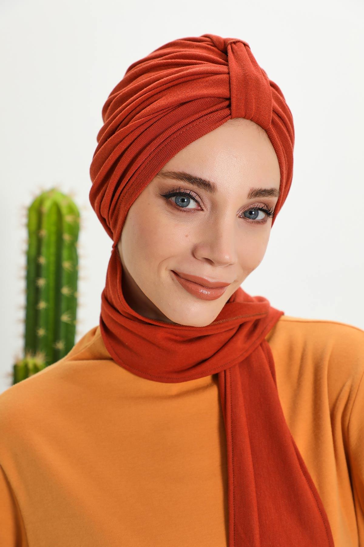 Winter Scarf Turban for Women, Stretch Ribbed Fabric Turban with Scarf, Elegant One-Size Winter Headwear,B-80RB Tile Red