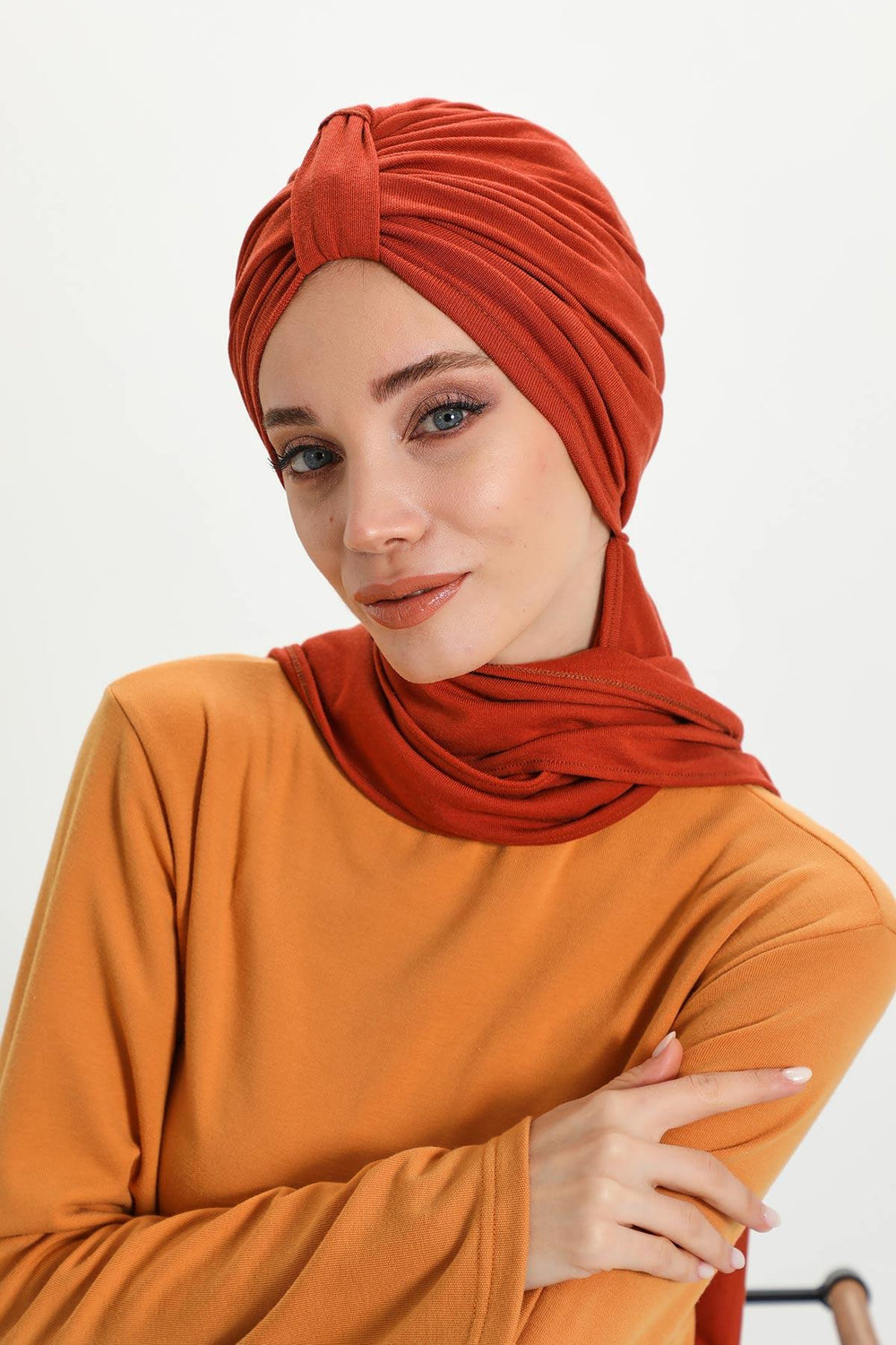 Winter Scarf Turban for Women, Stretch Ribbed Fabric Turban with Scarf, Elegant One-Size Winter Headwear,B-80RB Tile Red