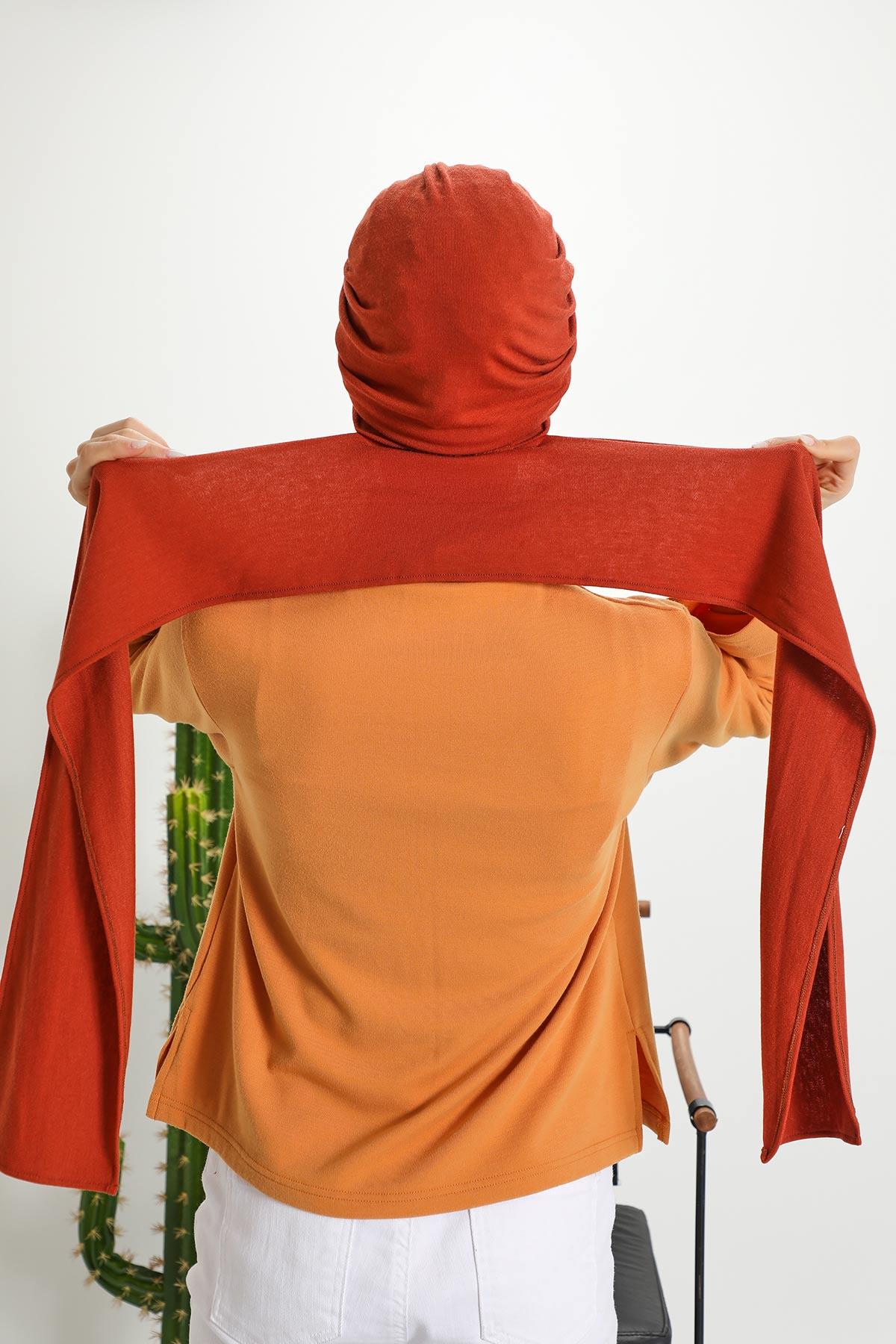Winter Scarf Turban for Women, Stretch Ribbed Fabric Turban with Scarf, Elegant One-Size Winter Headwear,B-80RB Tile Red