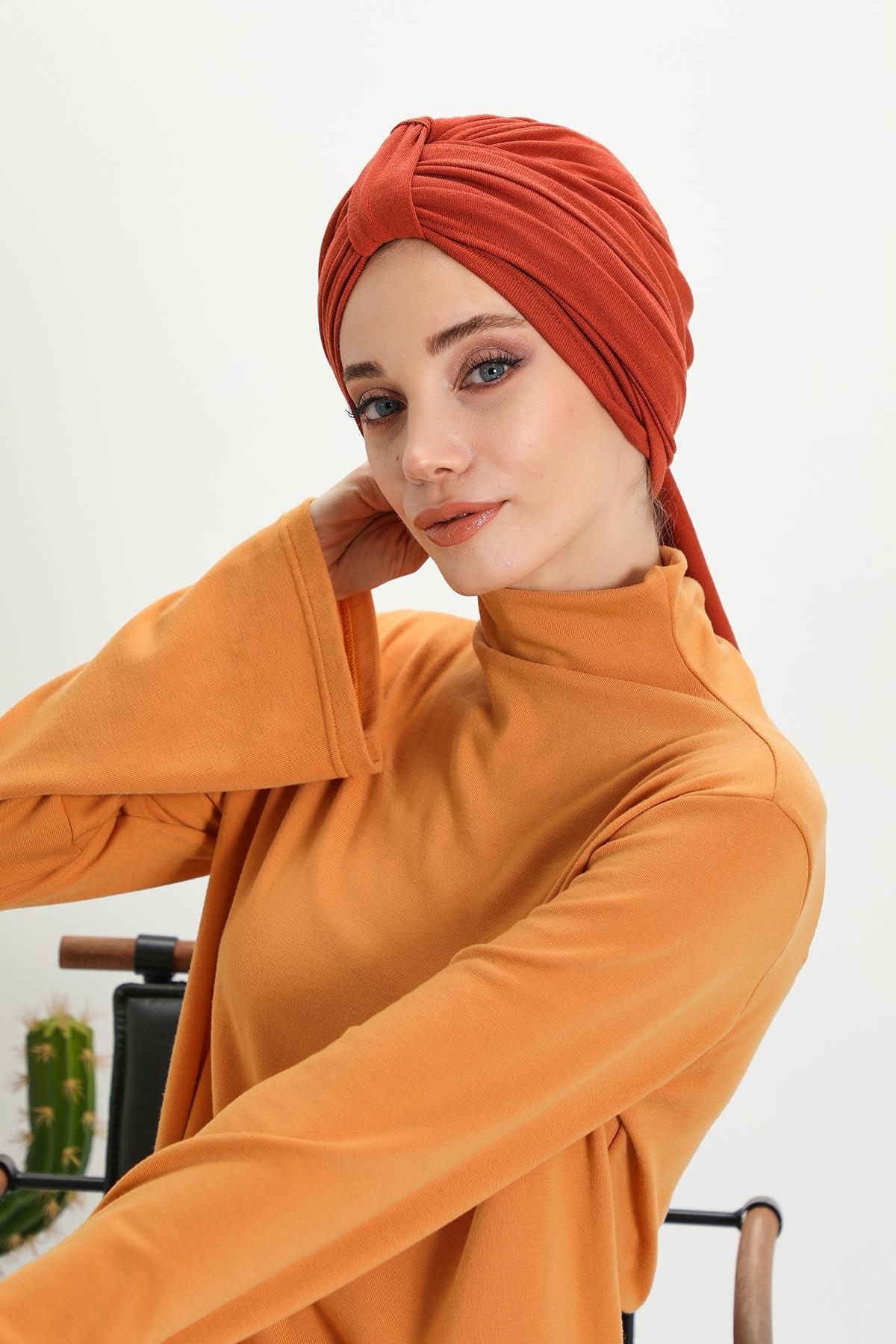 Winter Scarf Turban for Women, Stretch Ribbed Fabric Turban with Scarf, Elegant One-Size Winter Headwear,B-80RB Tile Red