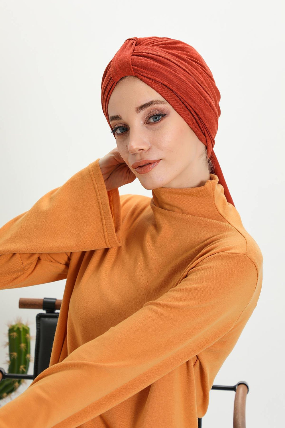Winter Scarf Turban for Women, Stretch Ribbed Fabric Turban with Scarf, Elegant One-Size Winter Headwear,B-80RB Tile Red