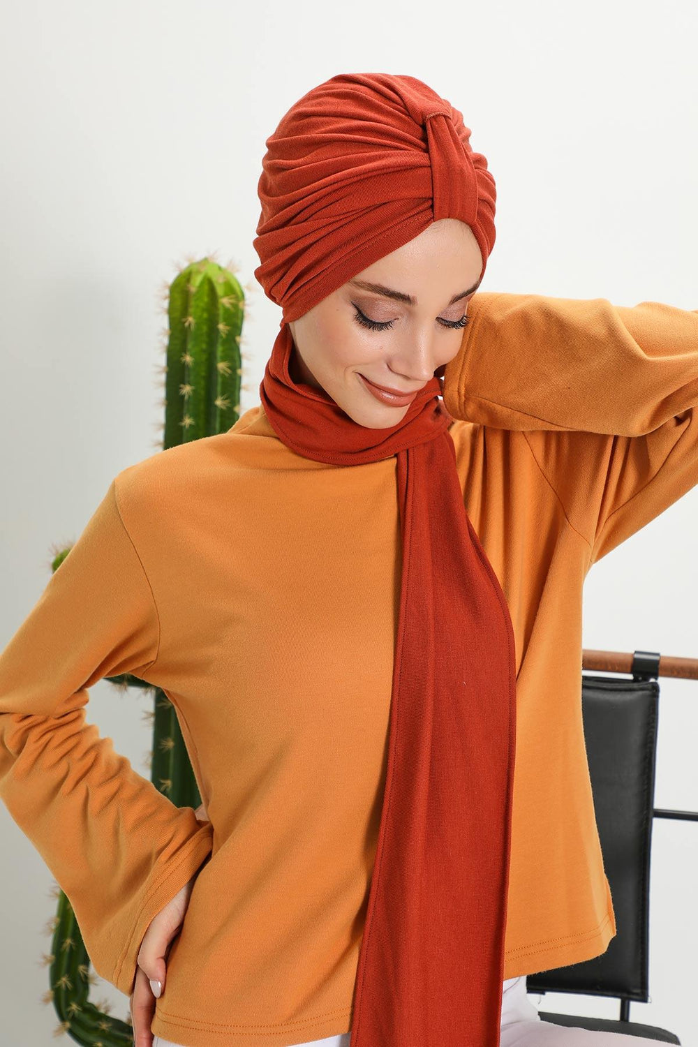 Winter Scarf Turban for Women, Stretch Ribbed Fabric Turban with Scarf, Elegant One-Size Winter Headwear,B-80RB Tile Red
