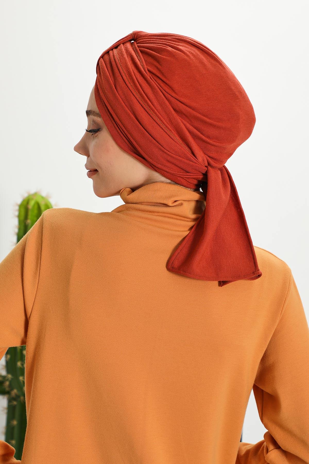 Winter Scarf Turban for Women, Stretch Ribbed Fabric Turban with Scarf, Elegant One-Size Winter Headwear,B-80RB Tile Red