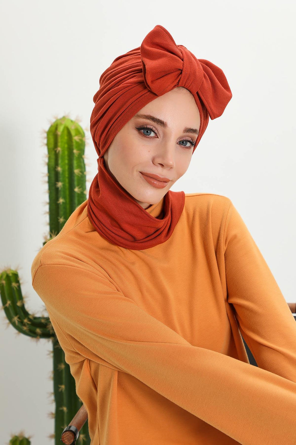 Winter Scarf Turban for Women, Stretch Ribbed Fabric Turban with Scarf, Elegant One-Size Winter Headwear,B-80RB Tile Red