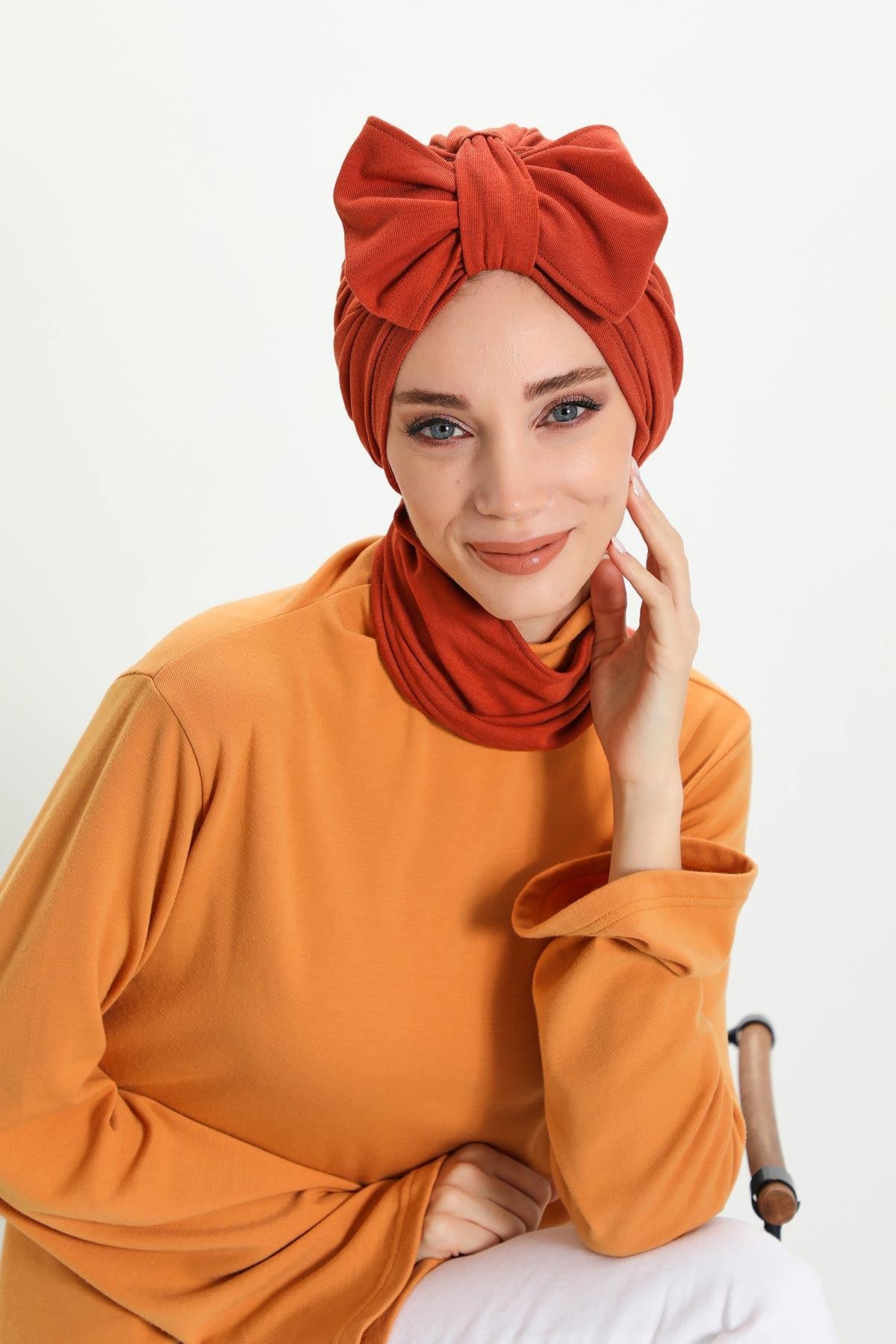 Winter Scarf Turban for Women, Stretch Ribbed Fabric Turban with Scarf, Elegant One-Size Winter Headwear,B-80RB Tile Red
