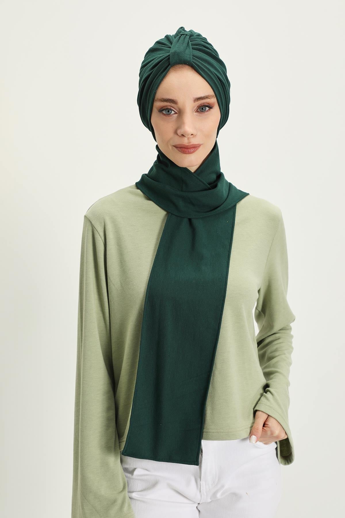 Winter Scarf Turban for Women, Stretch Ribbed Fabric Turban with Scarf, Elegant One-Size Winter Headwear,B-80RB Duck Green