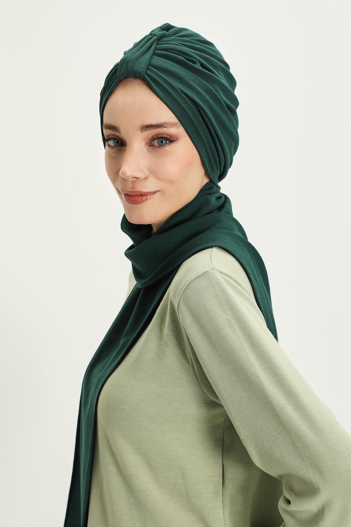 Winter Scarf Turban for Women, Stretch Ribbed Fabric Turban with Scarf, Elegant One-Size Winter Headwear,B-80RB Duck Green