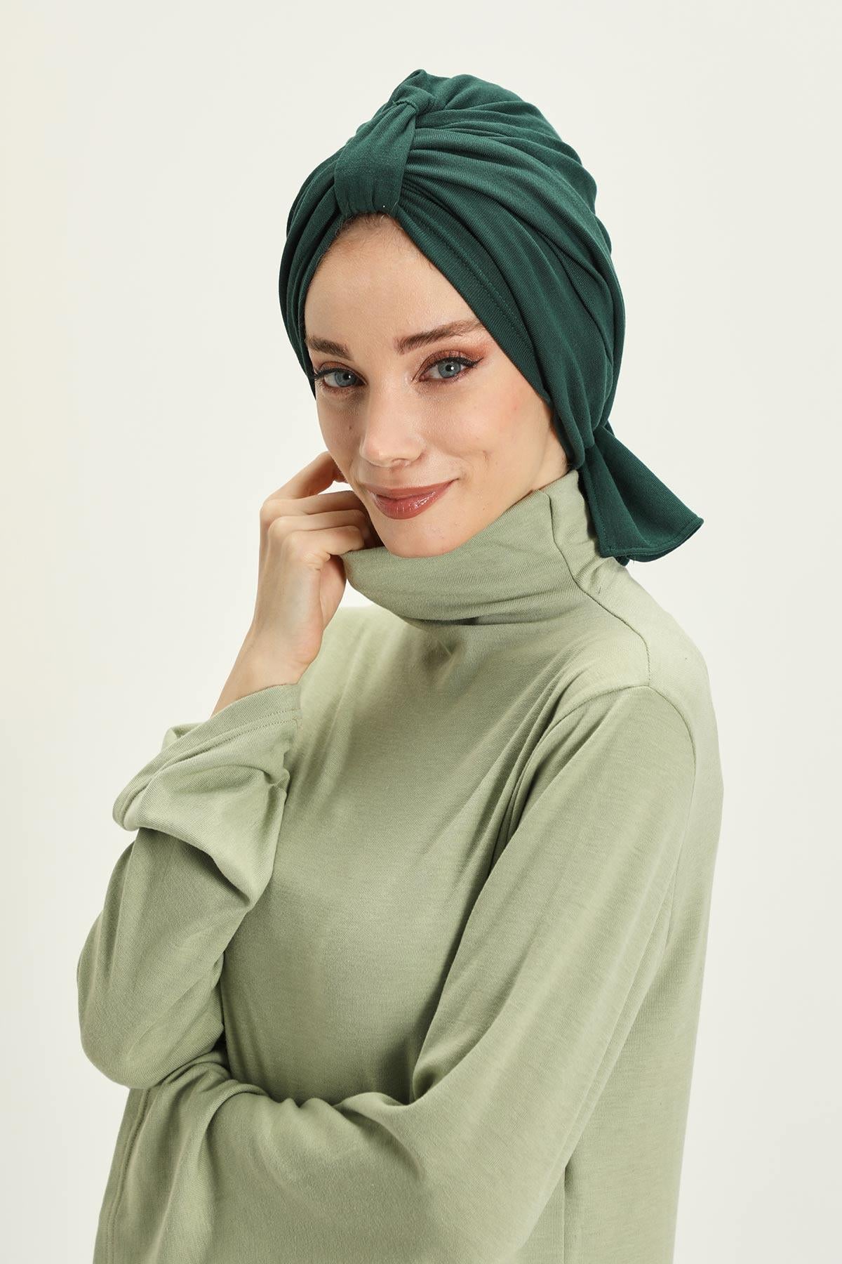 Winter Scarf Turban for Women, Stretch Ribbed Fabric Turban with Scarf, Elegant One-Size Winter Headwear,B-80RB Duck Green