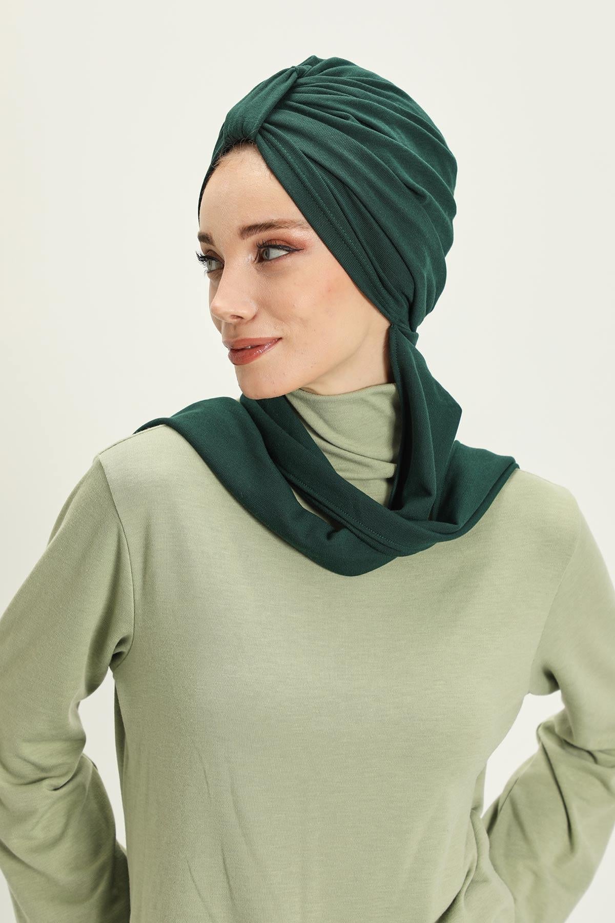 Winter Scarf Turban for Women, Stretch Ribbed Fabric Turban with Scarf, Elegant One-Size Winter Headwear,B-80RB Duck Green