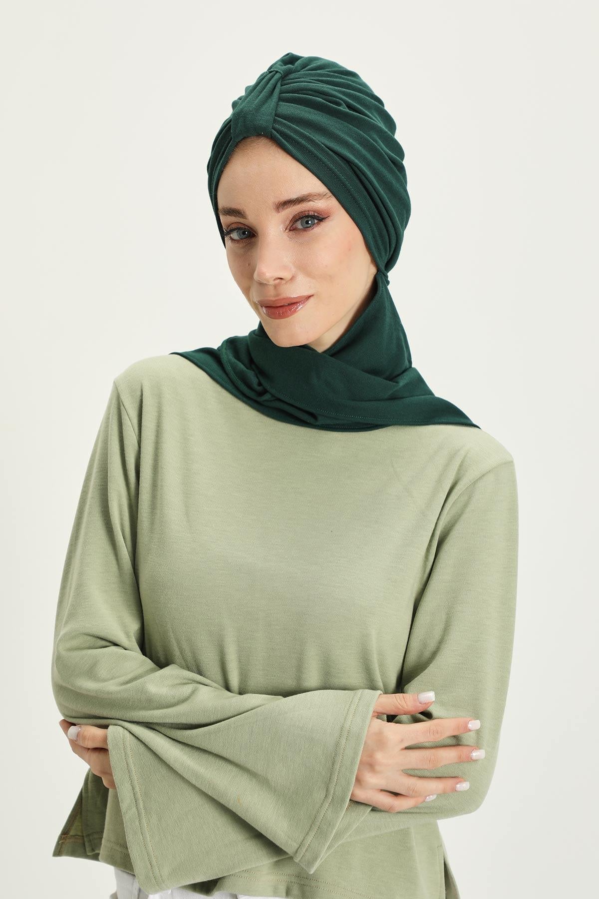 Winter Scarf Turban for Women, Stretch Ribbed Fabric Turban with Scarf, Elegant One-Size Winter Headwear,B-80RB Duck Green