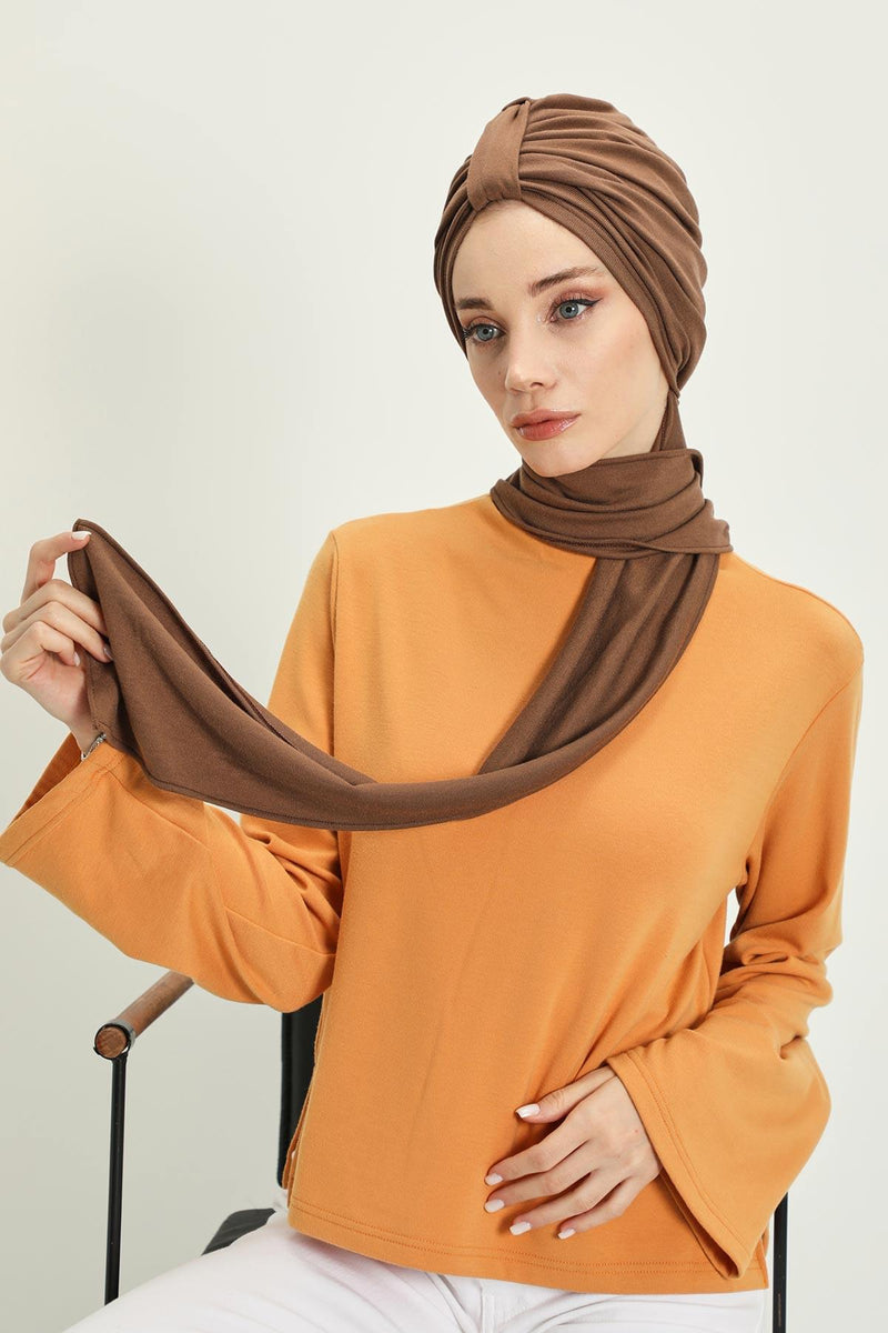 Winter Scarf Turban for Women, Stretch Ribbed Fabric Turban with Scarf, Elegant One-Size Winter Headwear,B-80RB