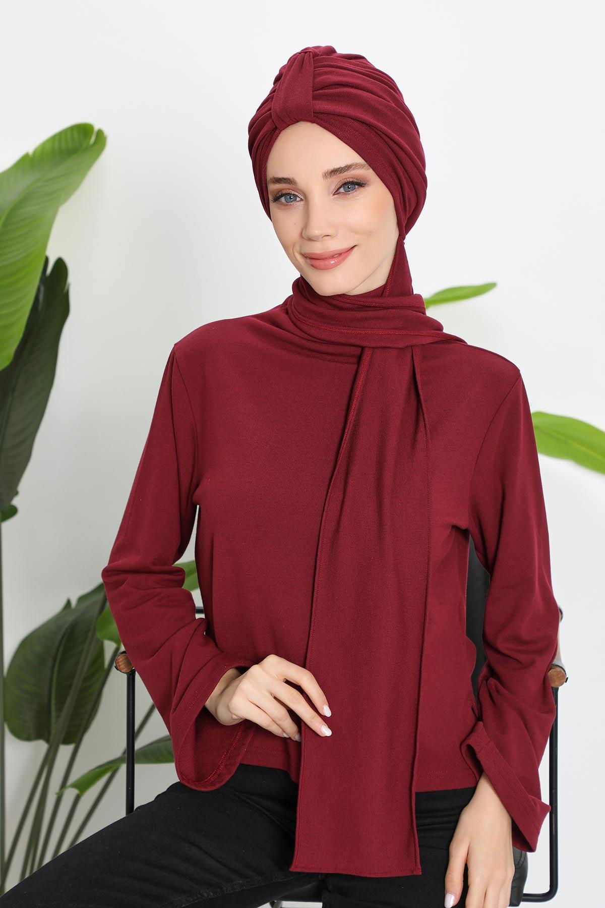 Winter Scarf Turban for Women, Stretch Ribbed Fabric Turban with Scarf, Elegant One-Size Winter Headwear,B-80RB Maroon
