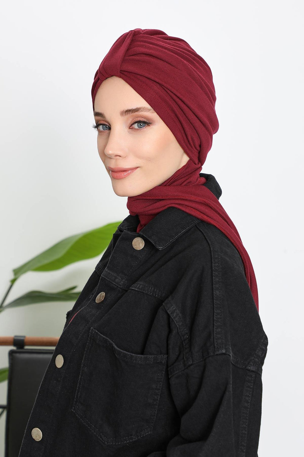 Winter Scarf Turban for Women, Stretch Ribbed Fabric Turban with Scarf, Elegant One-Size Winter Headwear,B-80RB Maroon