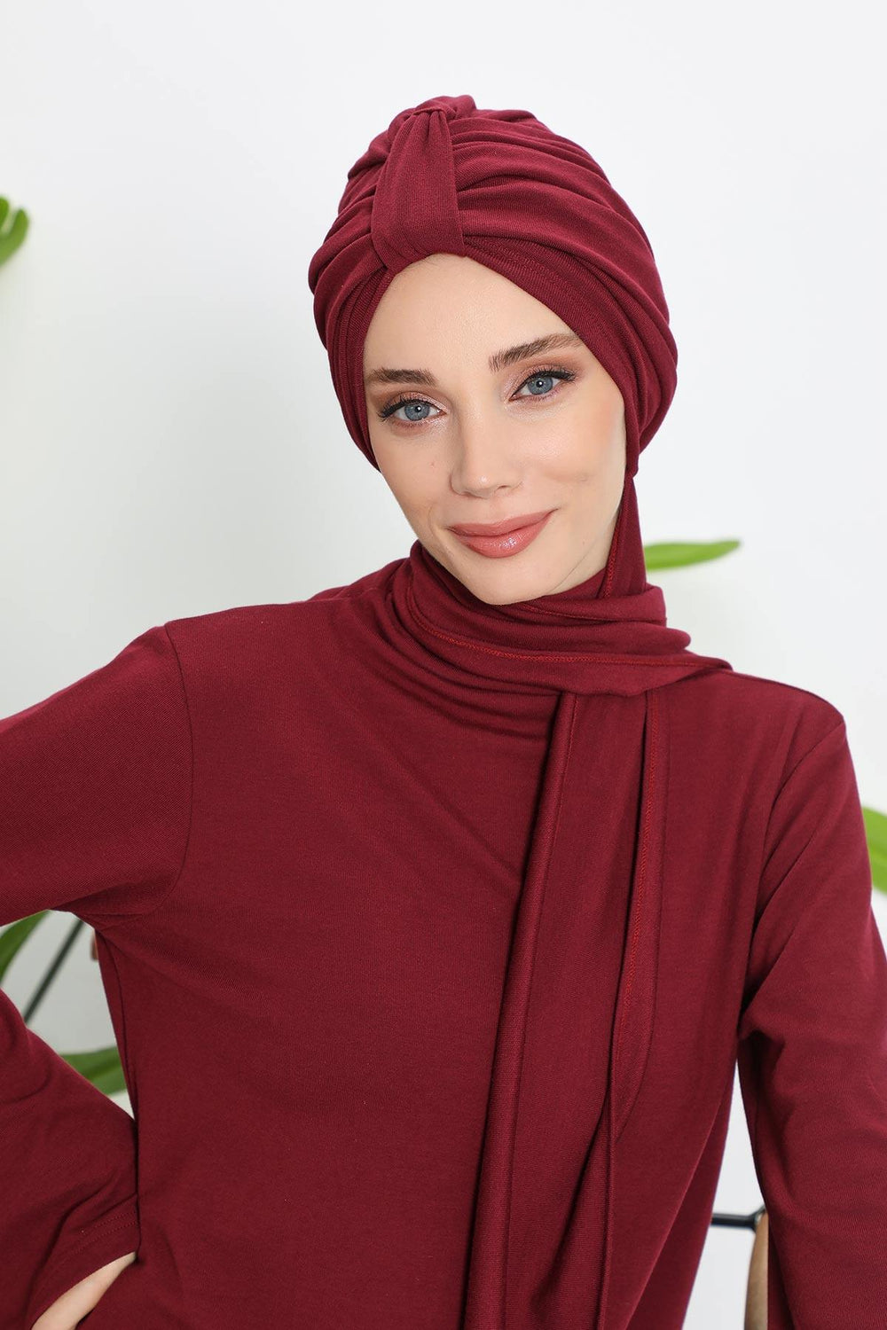 Winter Scarf Turban for Women, Stretch Ribbed Fabric Turban with Scarf, Elegant One-Size Winter Headwear,B-80RB Maroon