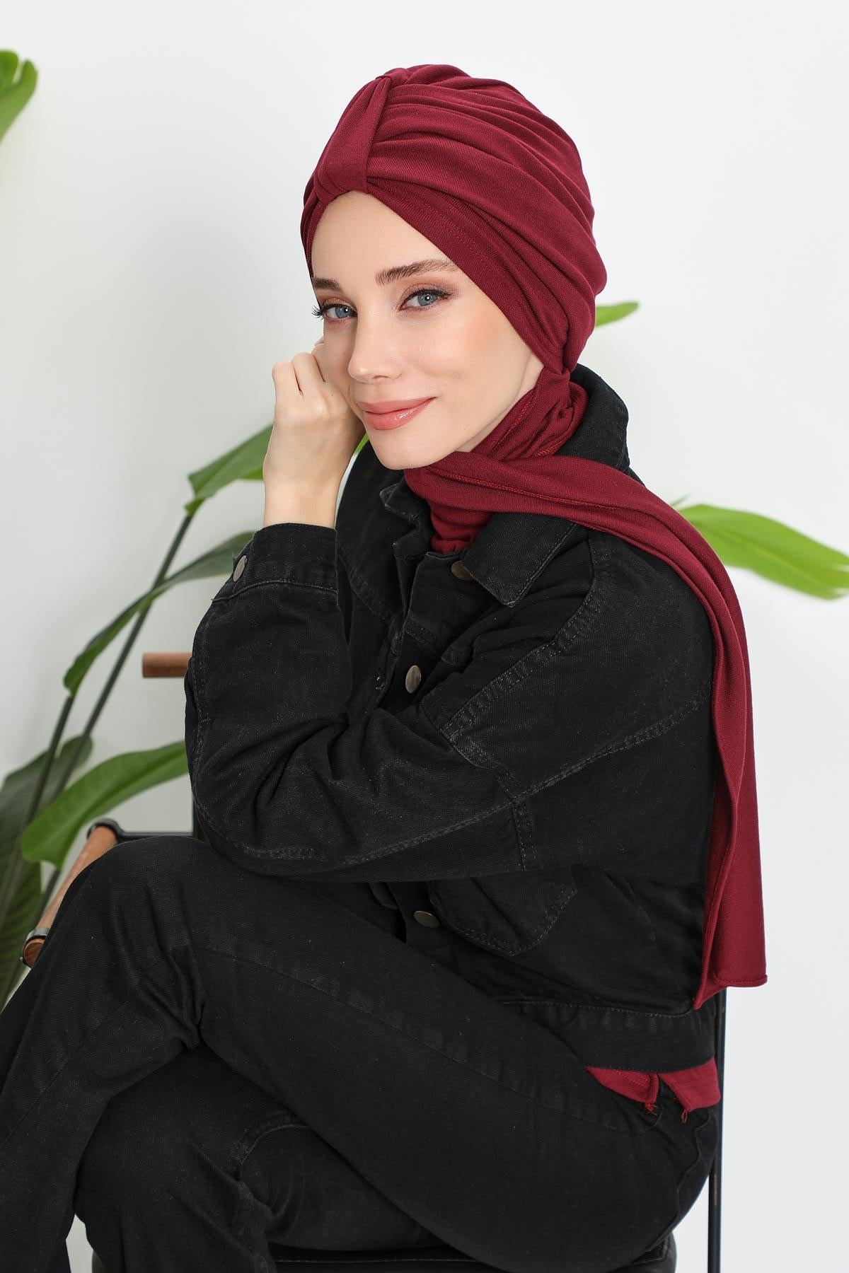 Winter Scarf Turban for Women, Stretch Ribbed Fabric Turban with Scarf, Elegant One-Size Winter Headwear,B-80RB Maroon