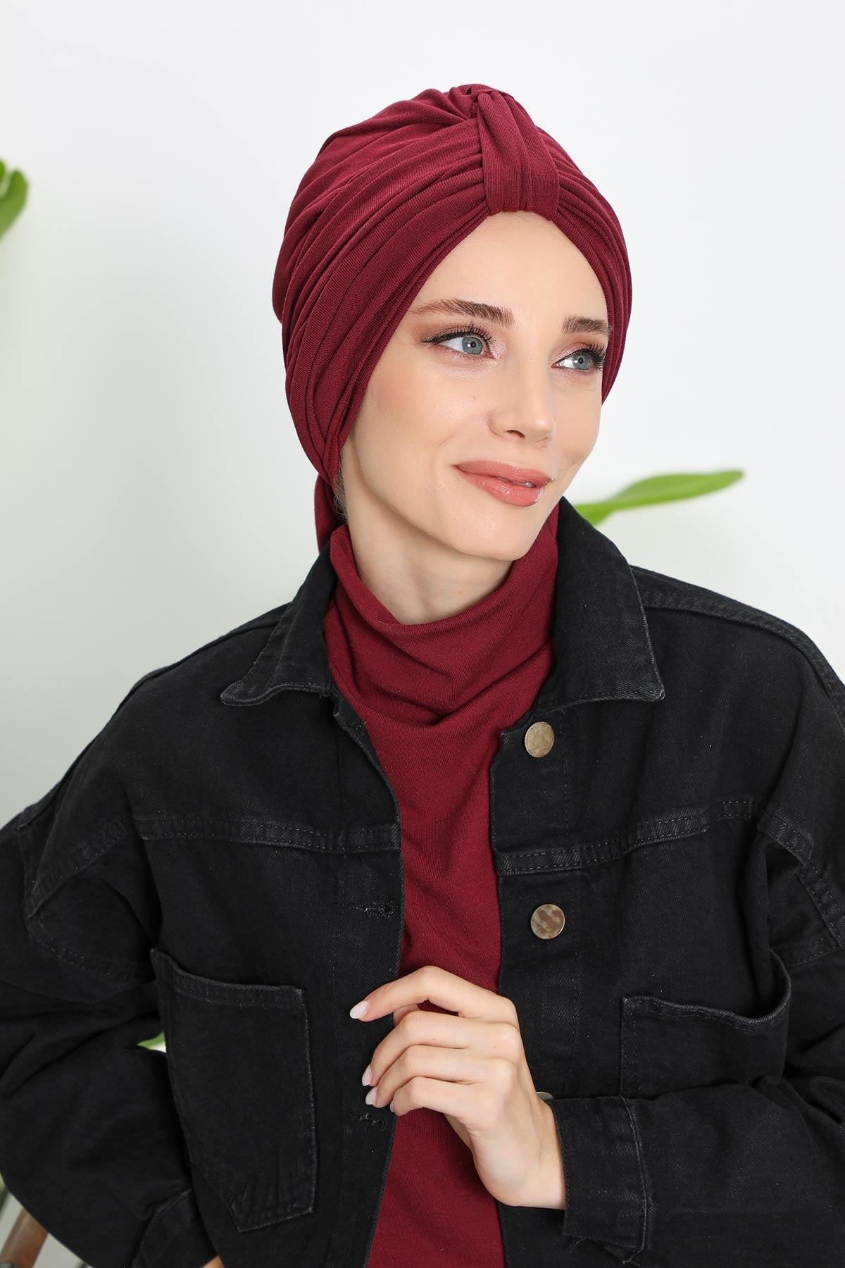 Winter Scarf Turban for Women, Stretch Ribbed Fabric Turban with Scarf, Elegant One-Size Winter Headwear,B-80RB Maroon