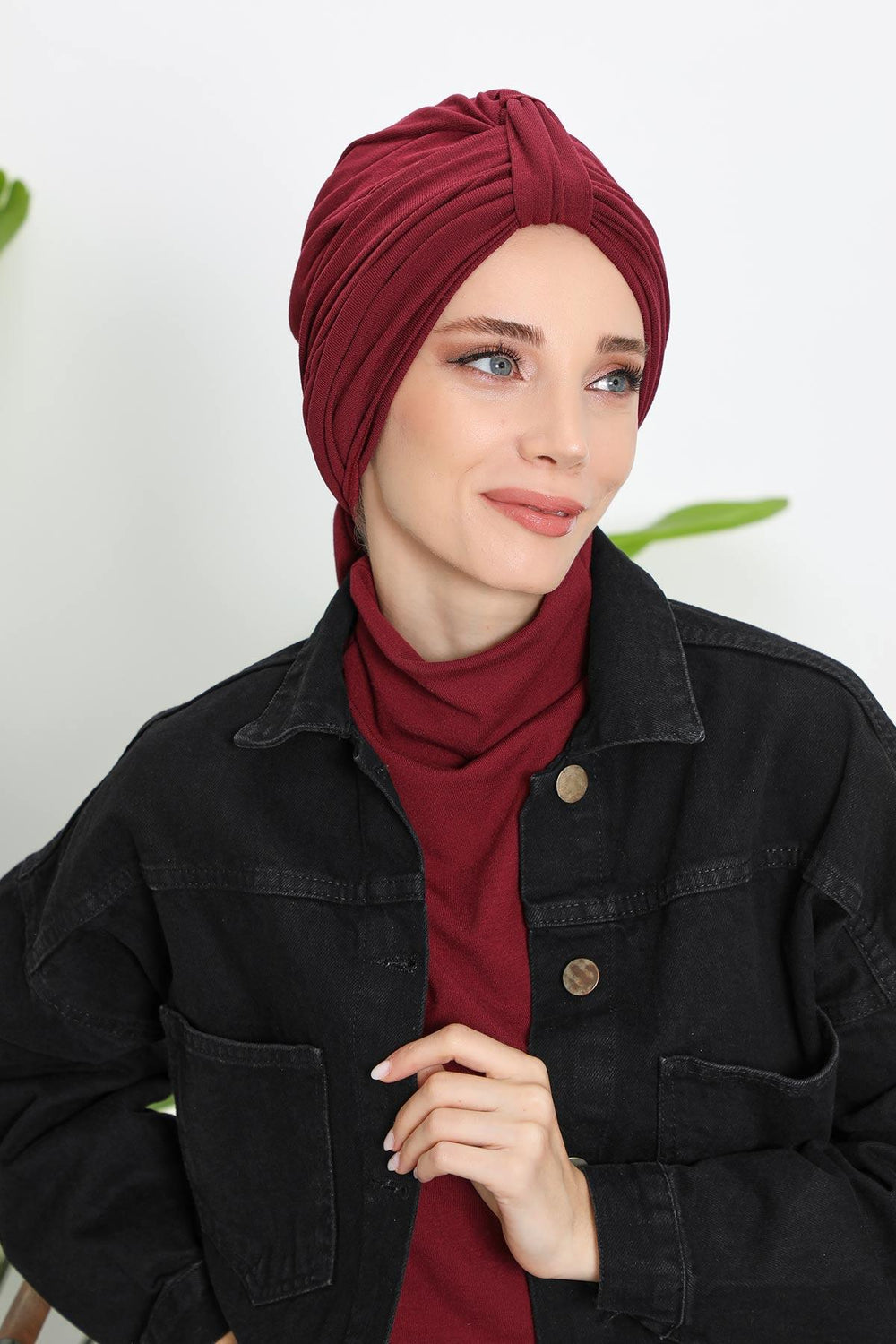 Winter Scarf Turban for Women, Stretch Ribbed Fabric Turban with Scarf, Elegant One-Size Winter Headwear,B-80RB Maroon